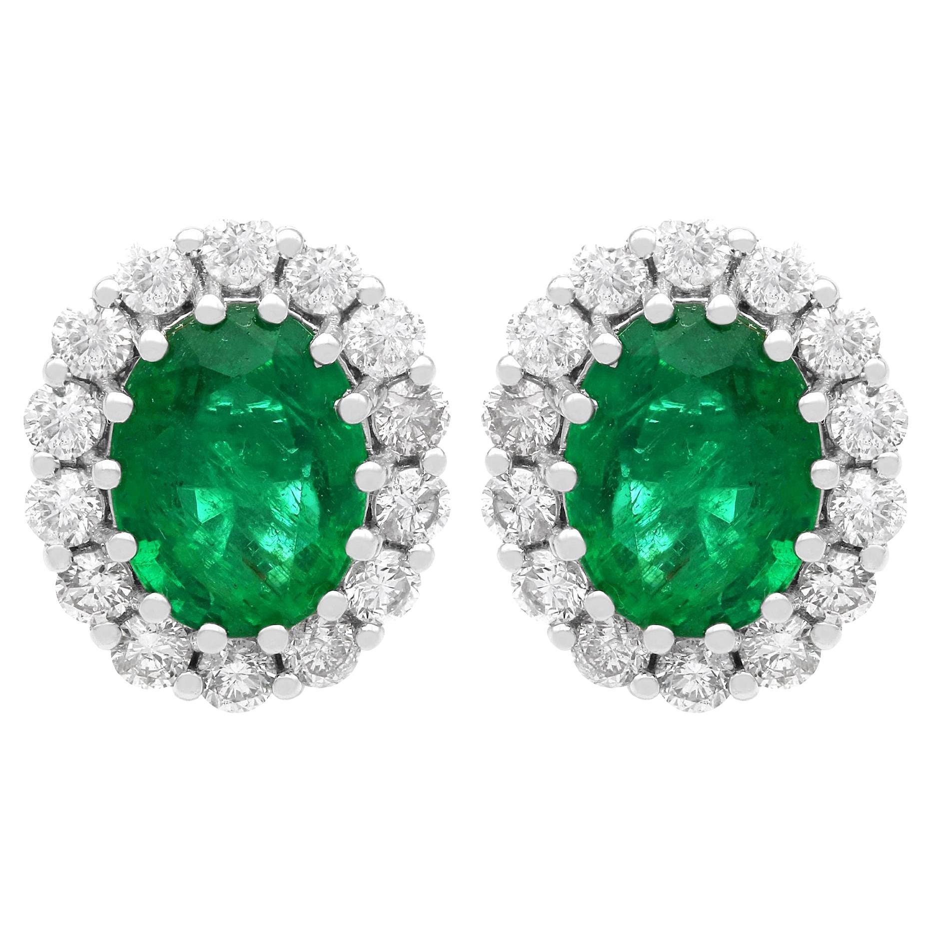 Vintage 3.50ct Emerald and 0.70ct Diamond Cluster Earrings in 18ct White Gold For Sale