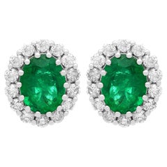 Vintage 3.50ct Emerald and 0.70ct Diamond Cluster Earrings in 18ct White Gold