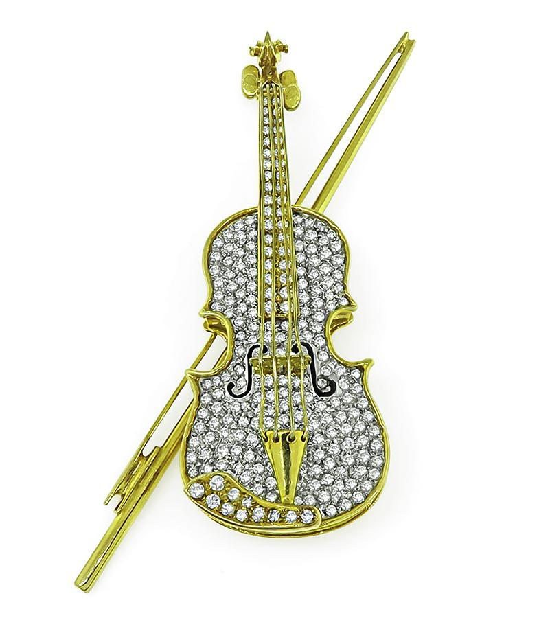 Vintage 3.50ct Round Cut Diamond Gold Enamel Violin Pin In Good Condition For Sale In New York, NY