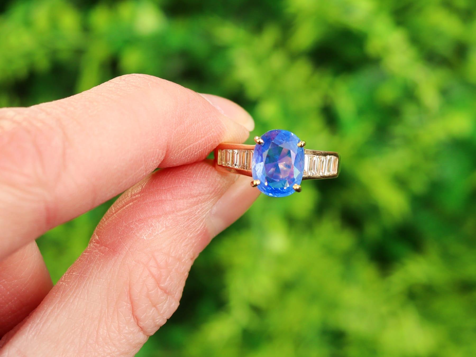 A stunning vintage 3.52 carat unheated Ceylon sapphire and 0.60 carat diamond, 18 carat yellow gold dress ring; part of our diverse gemstone jewellery collections

This stunning, fine and impressive vintage blue sapphire and diamond ring has been