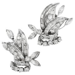 Vintage 3.52ct Diamond Platinum Starburst Floral Clip on Earrings
