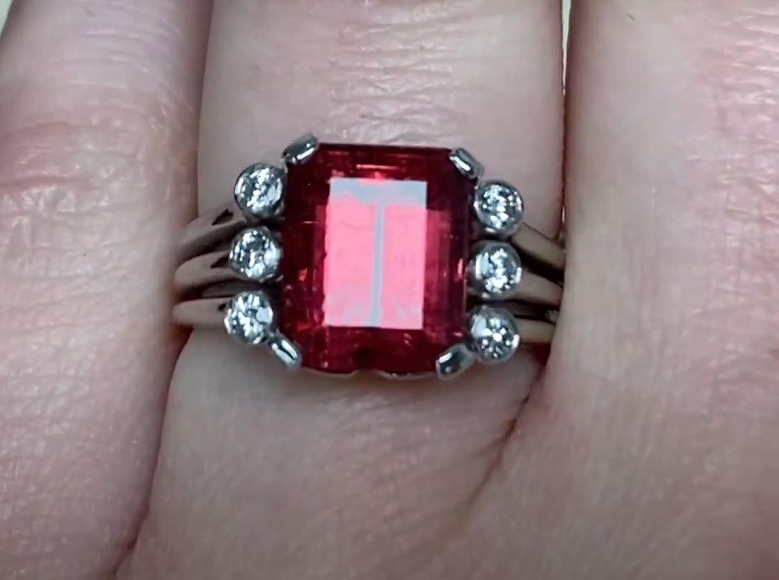 Vintage 3.52ct Emerald Cut Rubellite Engagement Ring, Platinum In Excellent Condition In New York, NY