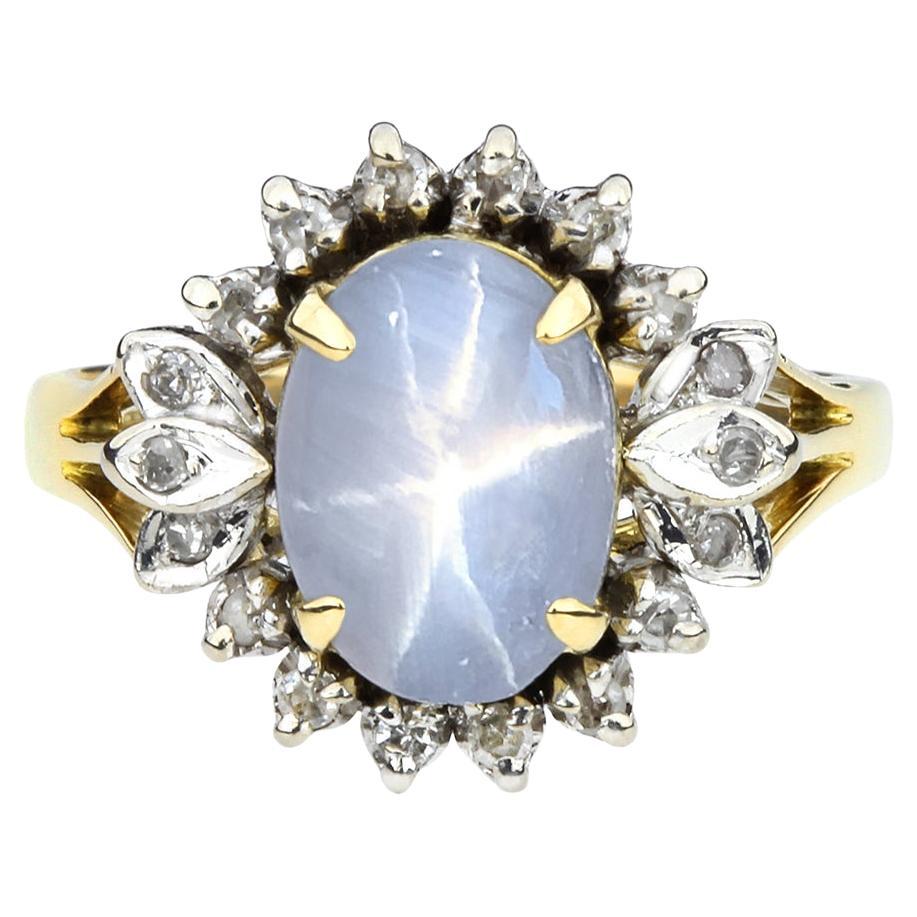 Vintage 3.54 Carat Blue Star Sapphire & Diamond 14K Cocktail Ring For Sale