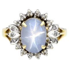Vintage 3.54 Carat Blue Star Sapphire & Diamond 14K Cocktail Ring