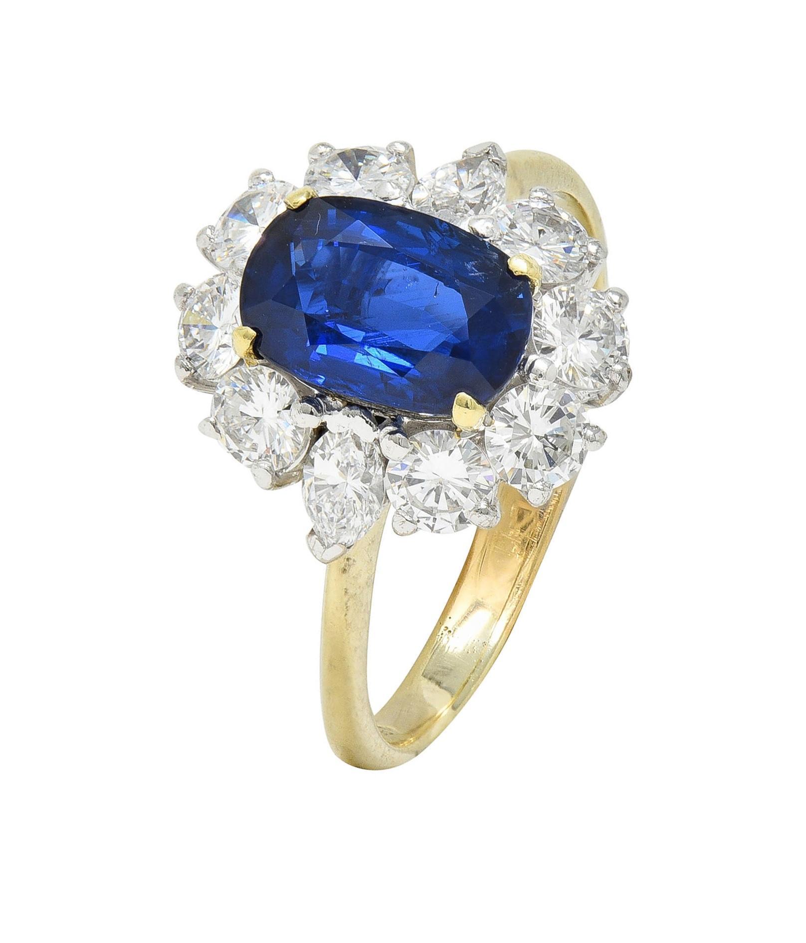 Vintage 3.54 CTW No Heat Burma Sapphire Diamond Platinum 14 Karat Gold Halo Ring For Sale 5