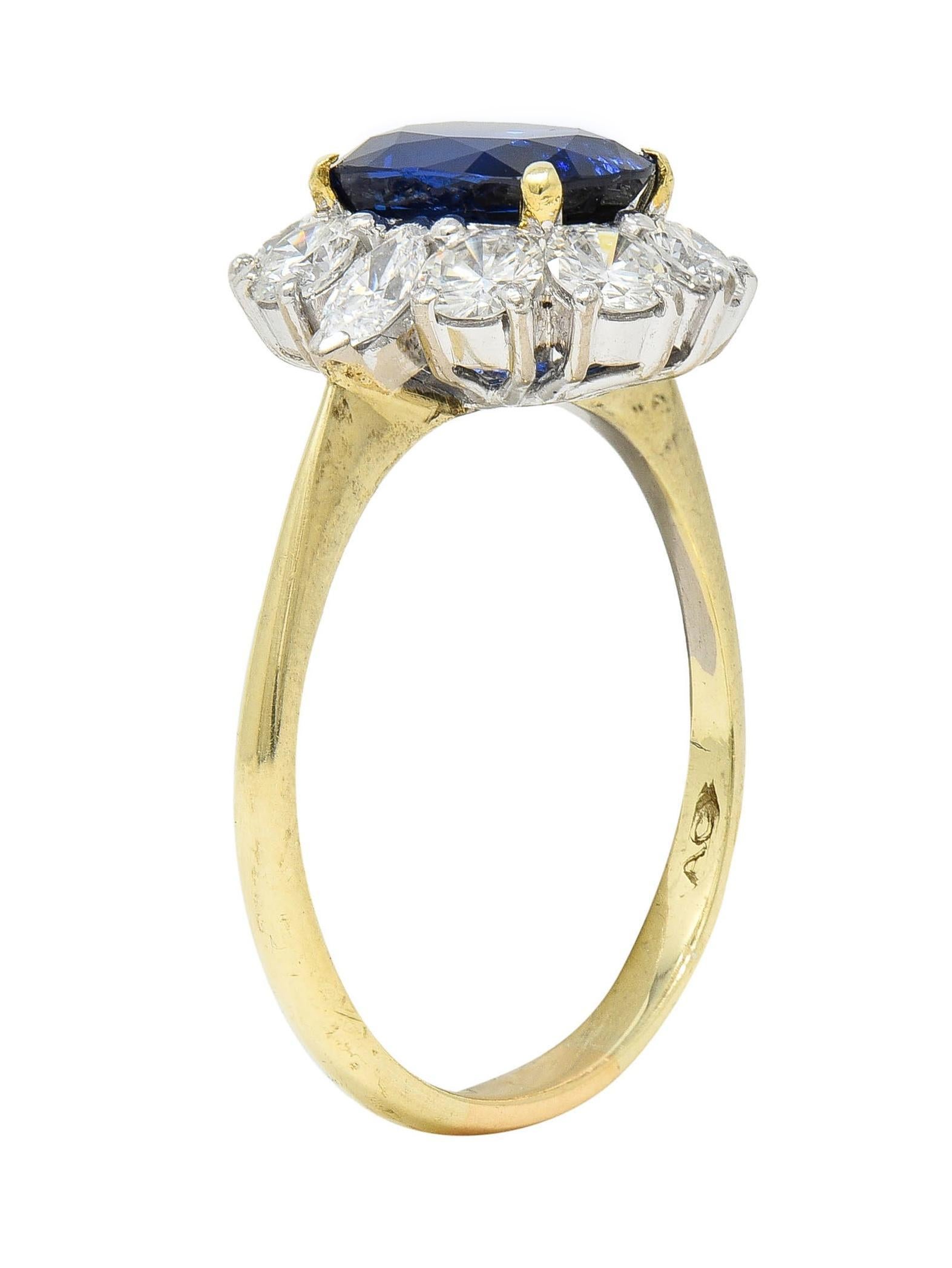 Vintage 3.54 CTW No Heat Burma Sapphire Diamond Platinum 14 Karat Gold Halo Ring For Sale 6