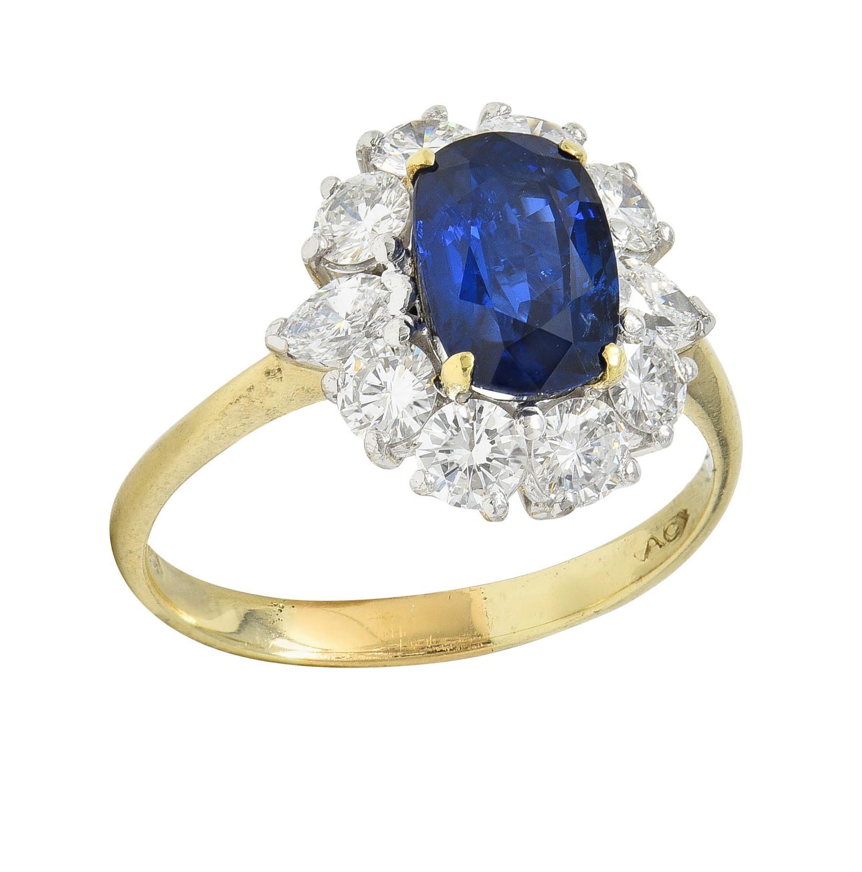 Vintage 3.54 CTW No Heat Burma Sapphire Diamond Platinum 14 Karat Gold Halo Ring For Sale 8