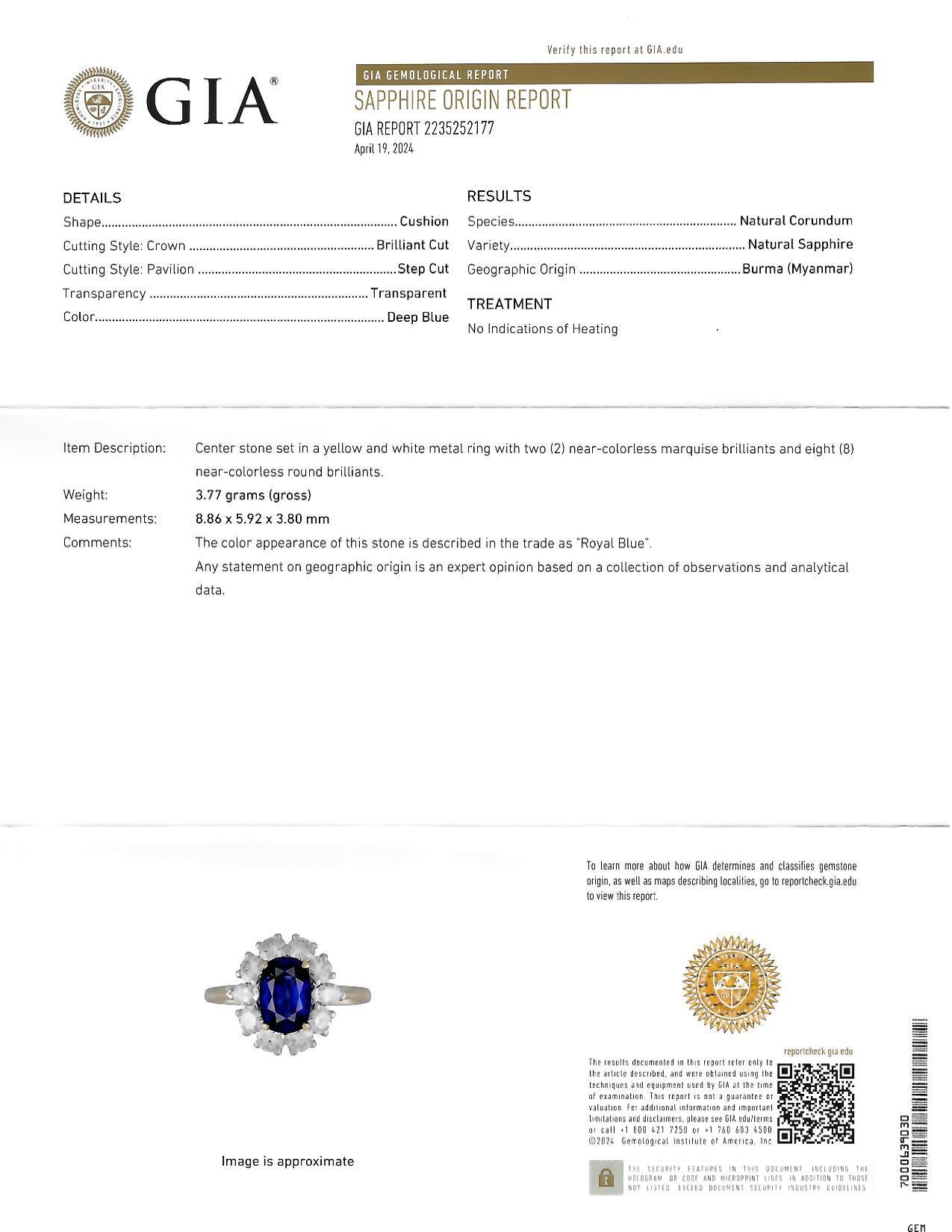 Vintage 3.54 CTW No Heat Burma Sapphire Diamond Platinum 14 Karat Gold Halo Ring For Sale 11
