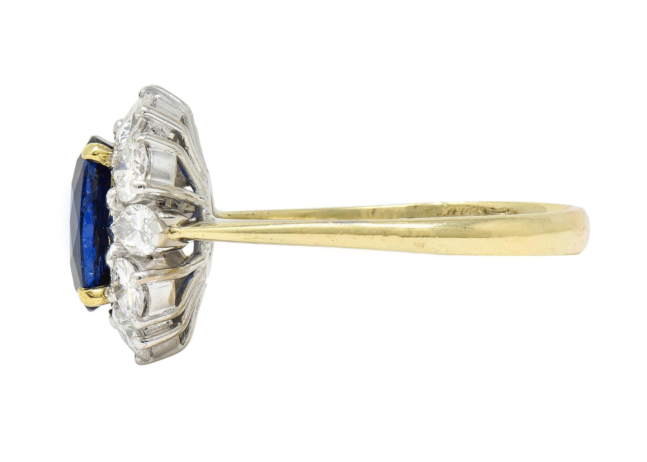 Vintage 3.54 CTW No Heat Burma Sapphire Diamond Platinum 14 Karat Gold Halo Ring For Sale 1