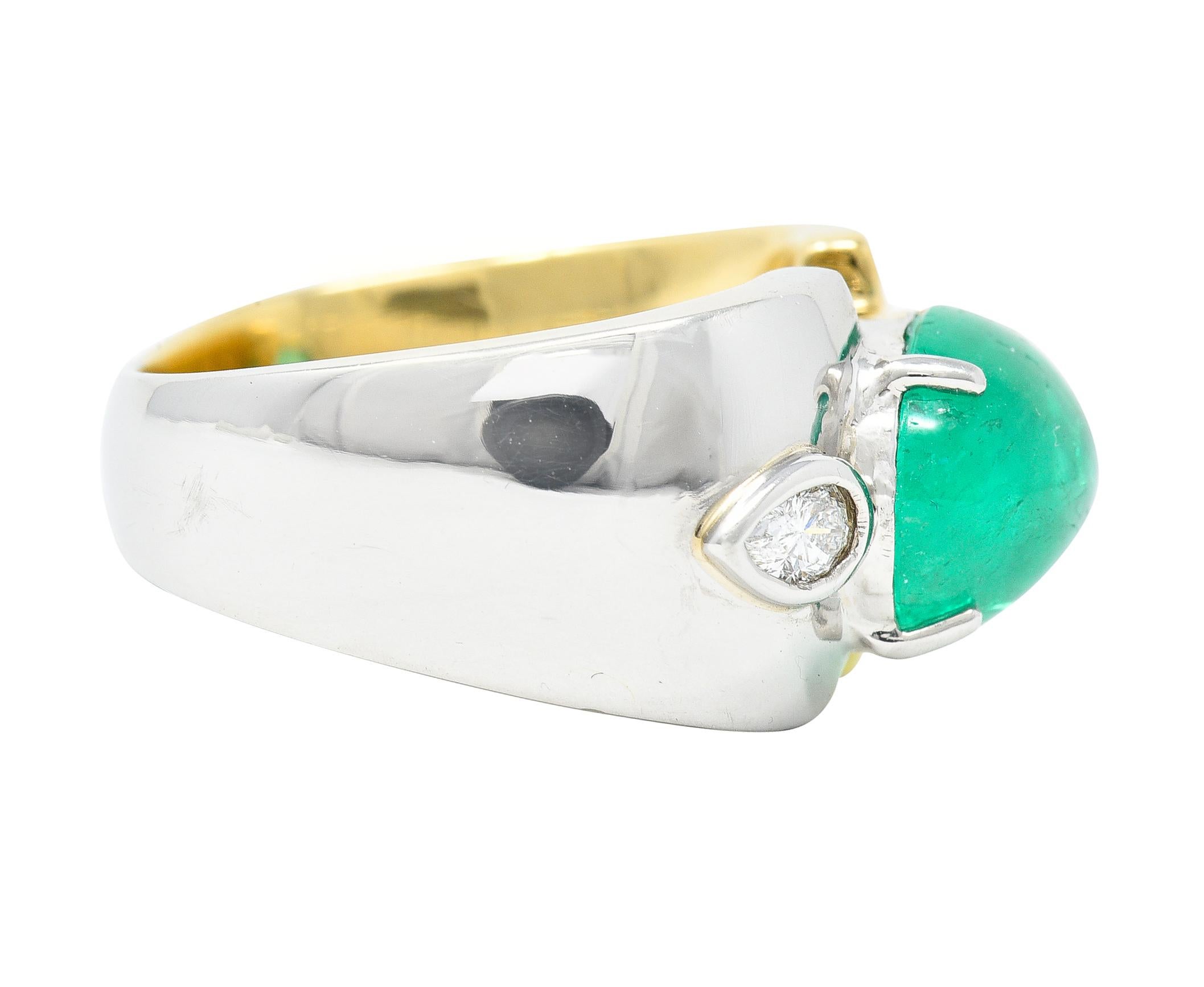Contemporary Vintage 3.55 Carat Emerald Cabochon Pear Cut Diamond 18 Karat Gold Platinum Ring For Sale