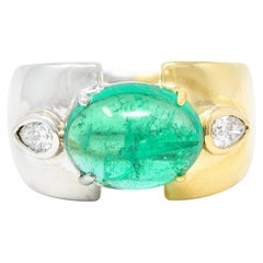 Retro 3.55 Carat Emerald Cabochon Pear Cut Diamond 18 Karat Gold Platinum Ring