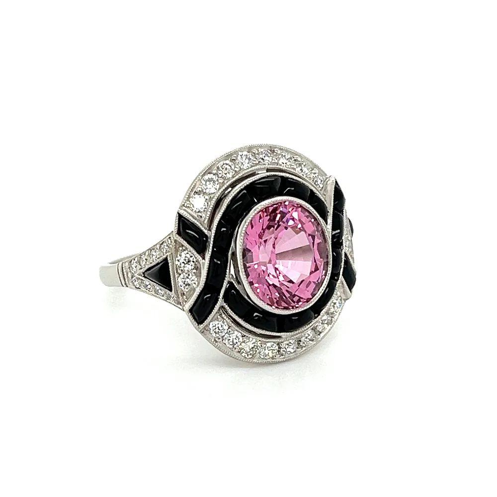 Simply Beautiful! Pink Spinel NO HEAT GIA, Onyx and Old European cut Diamond Vintage Platinum Cocktail Ring. Centering a securely nestled Hand set 3.35 Carat GIA Oval Purplish Pink Spinel. GIA report # 2225914405. Surrounded by 36 Old European cut