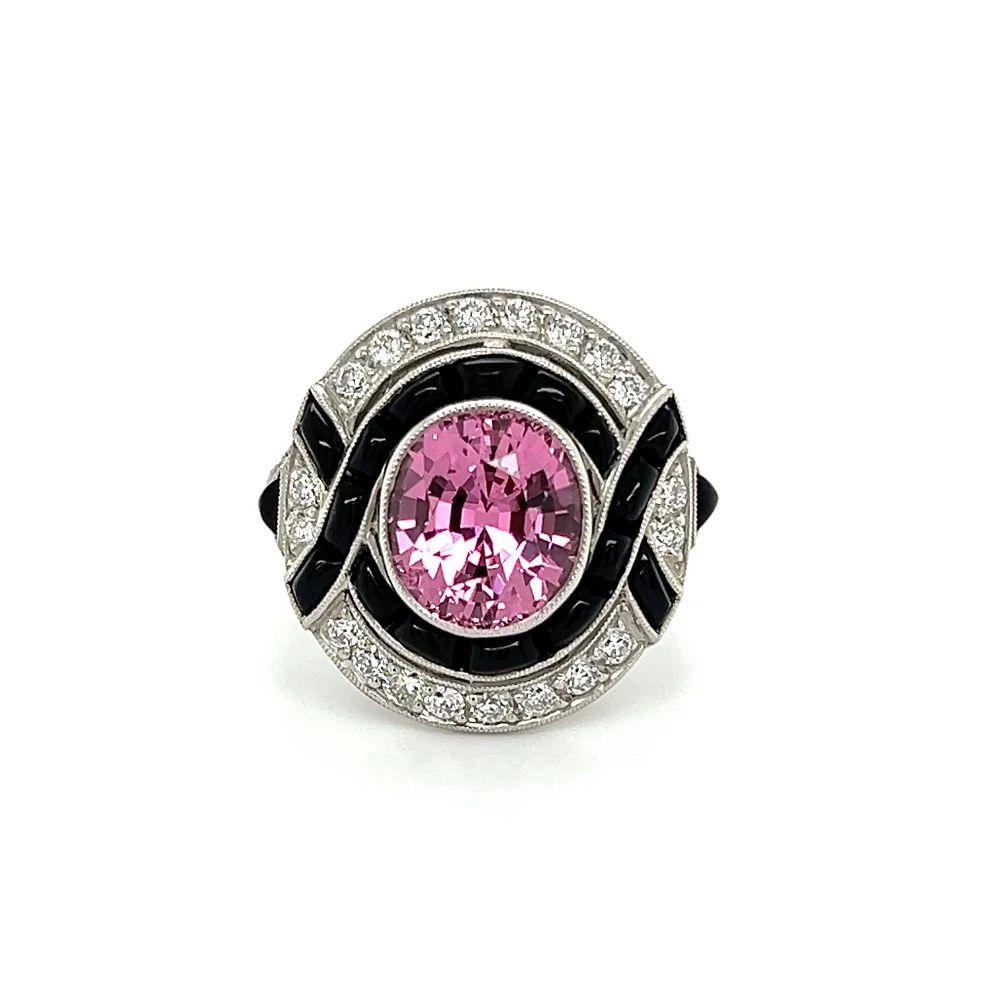 Oval Cut Vintage 3.55 Carat NO HEAT GIA Oval Pink Spinel Diamond and Onyx Platinum Ring For Sale