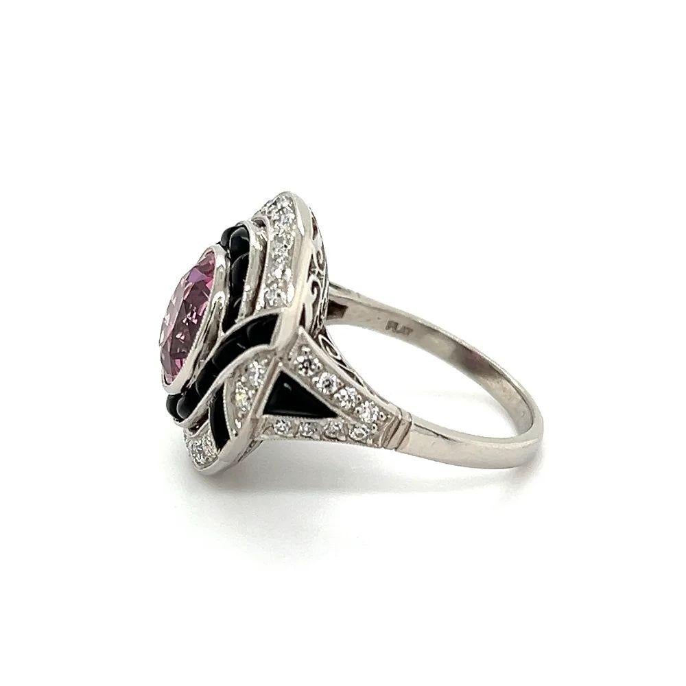 Women's Vintage 3.55 Carat NO HEAT GIA Oval Pink Spinel Diamond and Onyx Platinum Ring For Sale