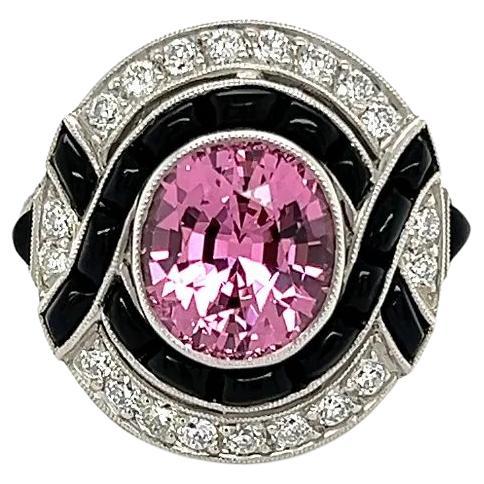 Vintage 3.55 Carat NO HEAT GIA Oval Pink Spinel Diamond and Onyx Platinum Ring For Sale