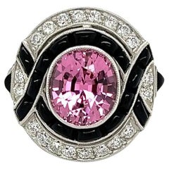 Vintage 3.55 Carat NO HEAT GIA Oval Pink Diamond et Onyx Platinum Ring
