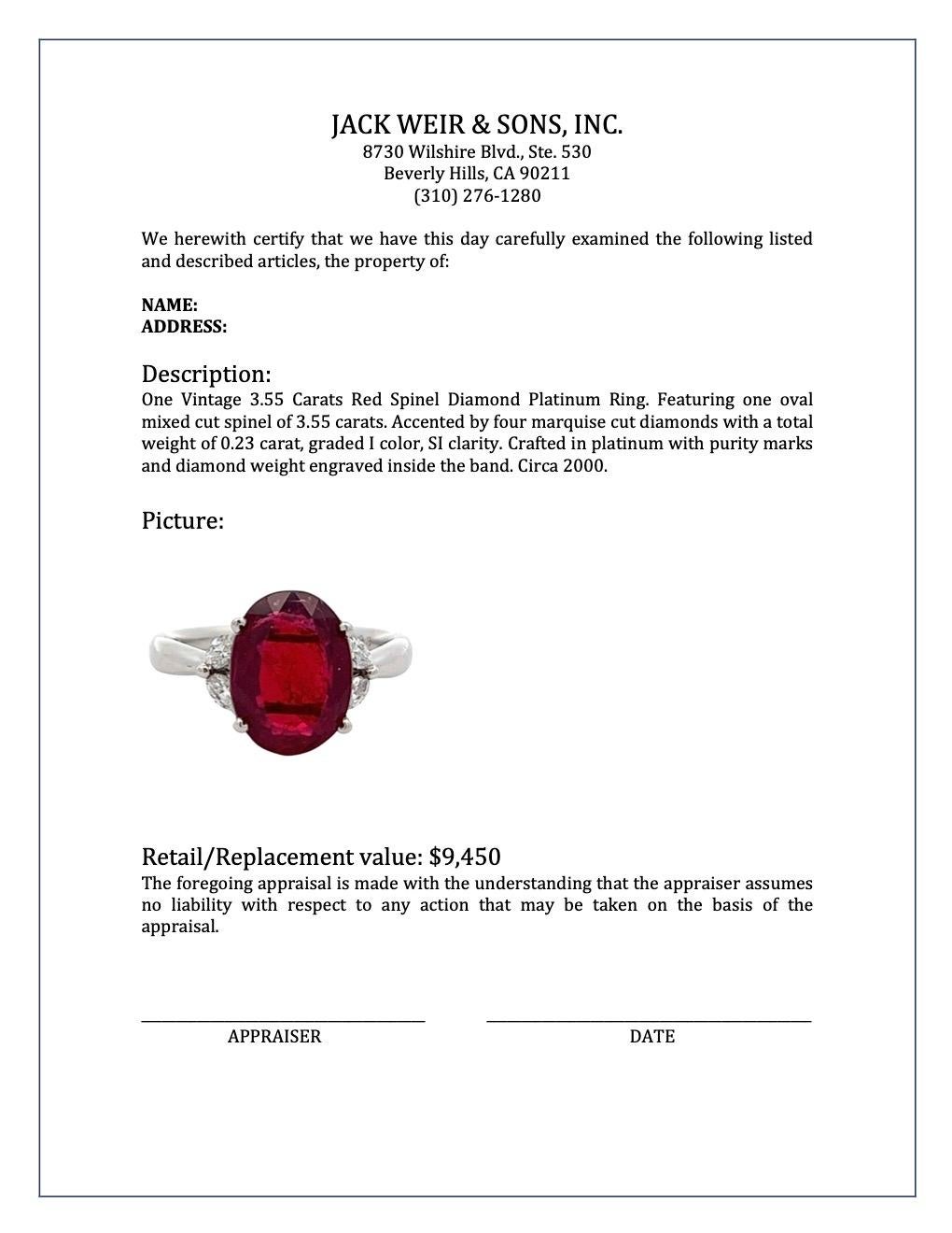 Vintage 3.55 Carats Red Spinel Diamond Platinum Ring 2