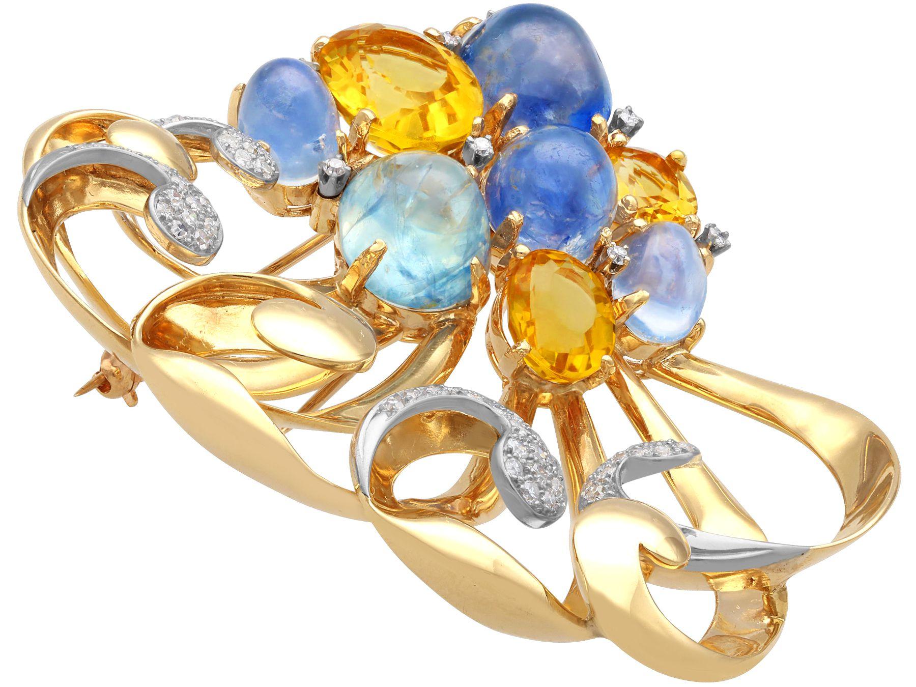 Cabochon Vintage 35.50 Carat Sapphire Citrine and Diamond Yellow Gold Spray Brooch For Sale
