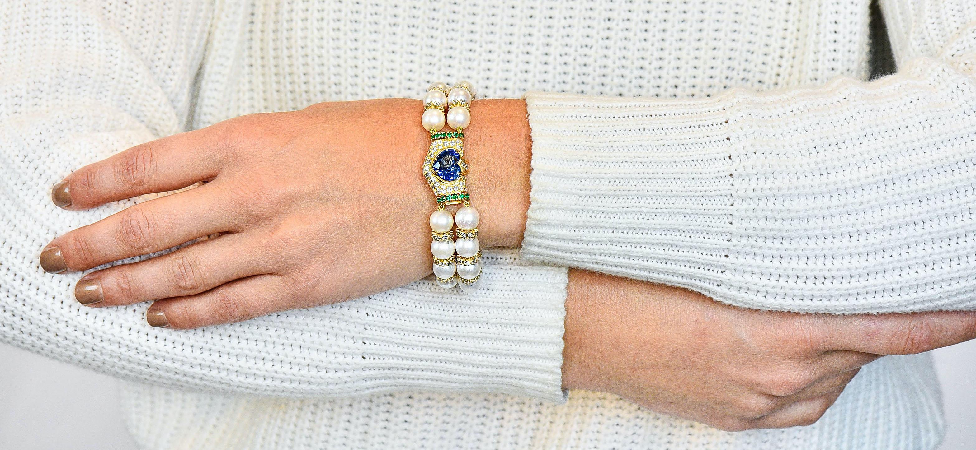Vintage Sapphire Emerald Diamond Pearl 18 Karat Gold Heart Bracelet 8