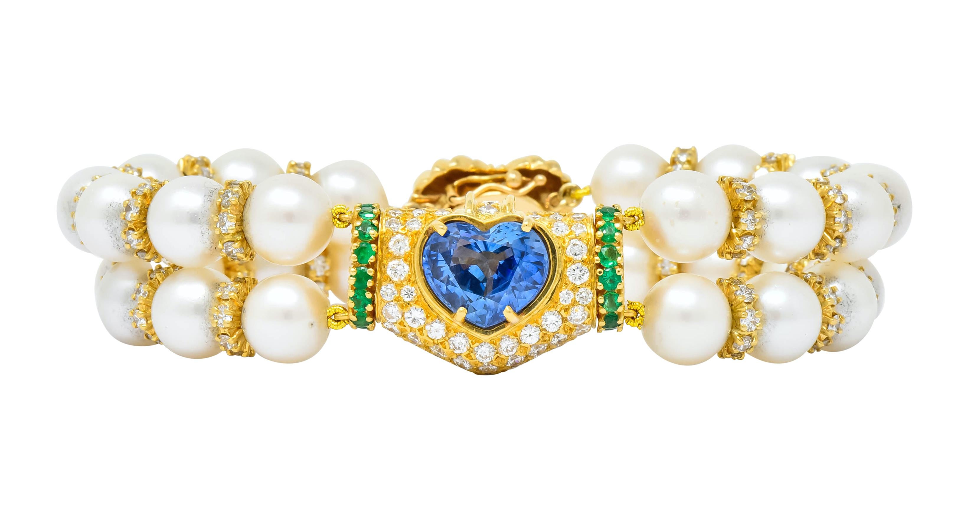 Contemporary Vintage Sapphire Emerald Diamond Pearl 18 Karat Gold Heart Bracelet