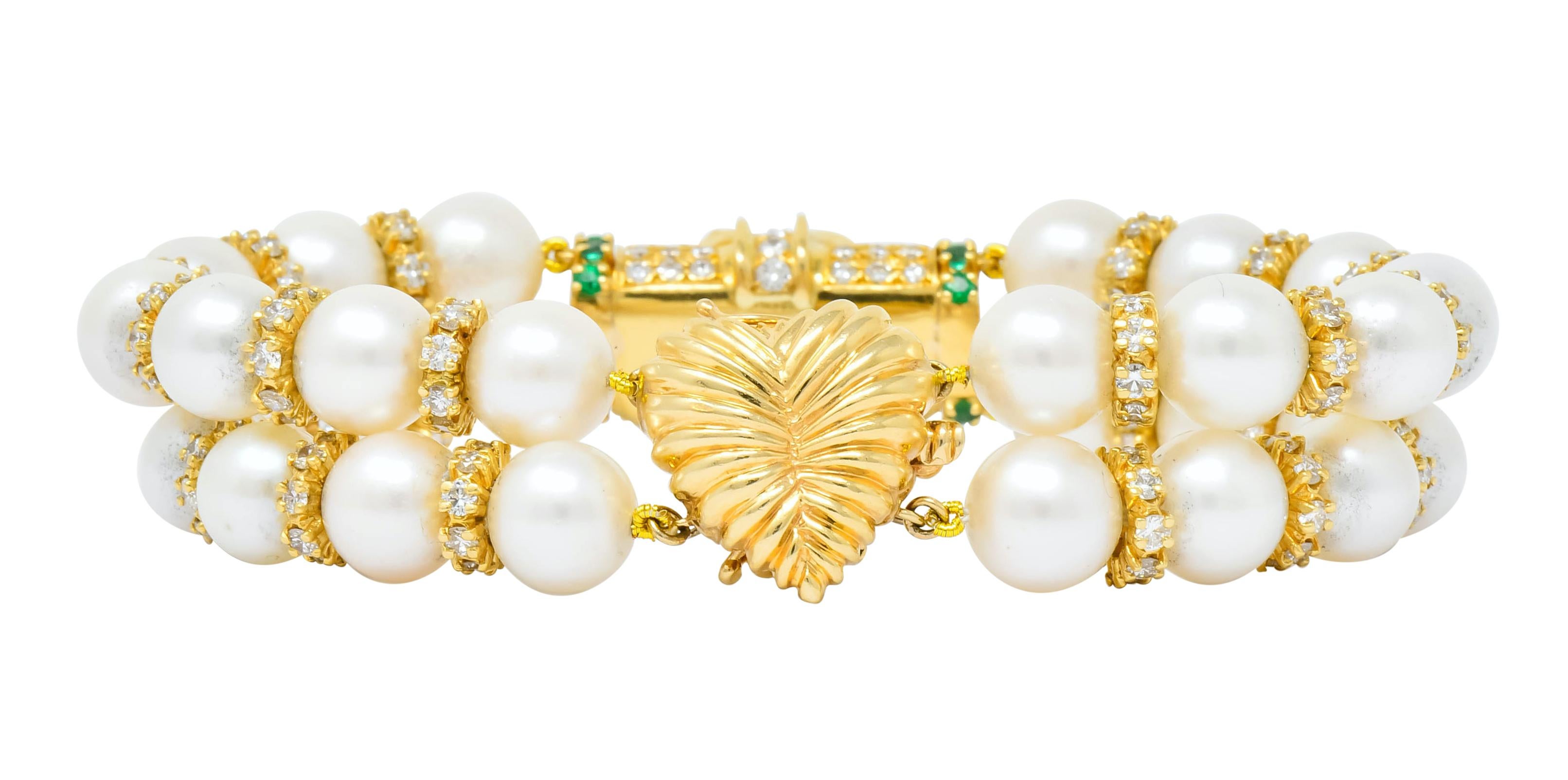 Round Cut Vintage Sapphire Emerald Diamond Pearl 18 Karat Gold Heart Bracelet