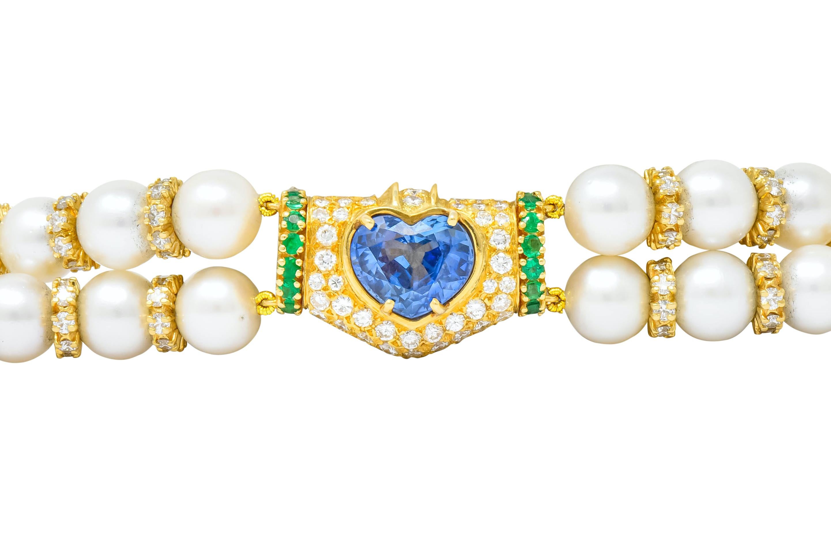 Vintage Sapphire Emerald Diamond Pearl 18 Karat Gold Heart Bracelet 2