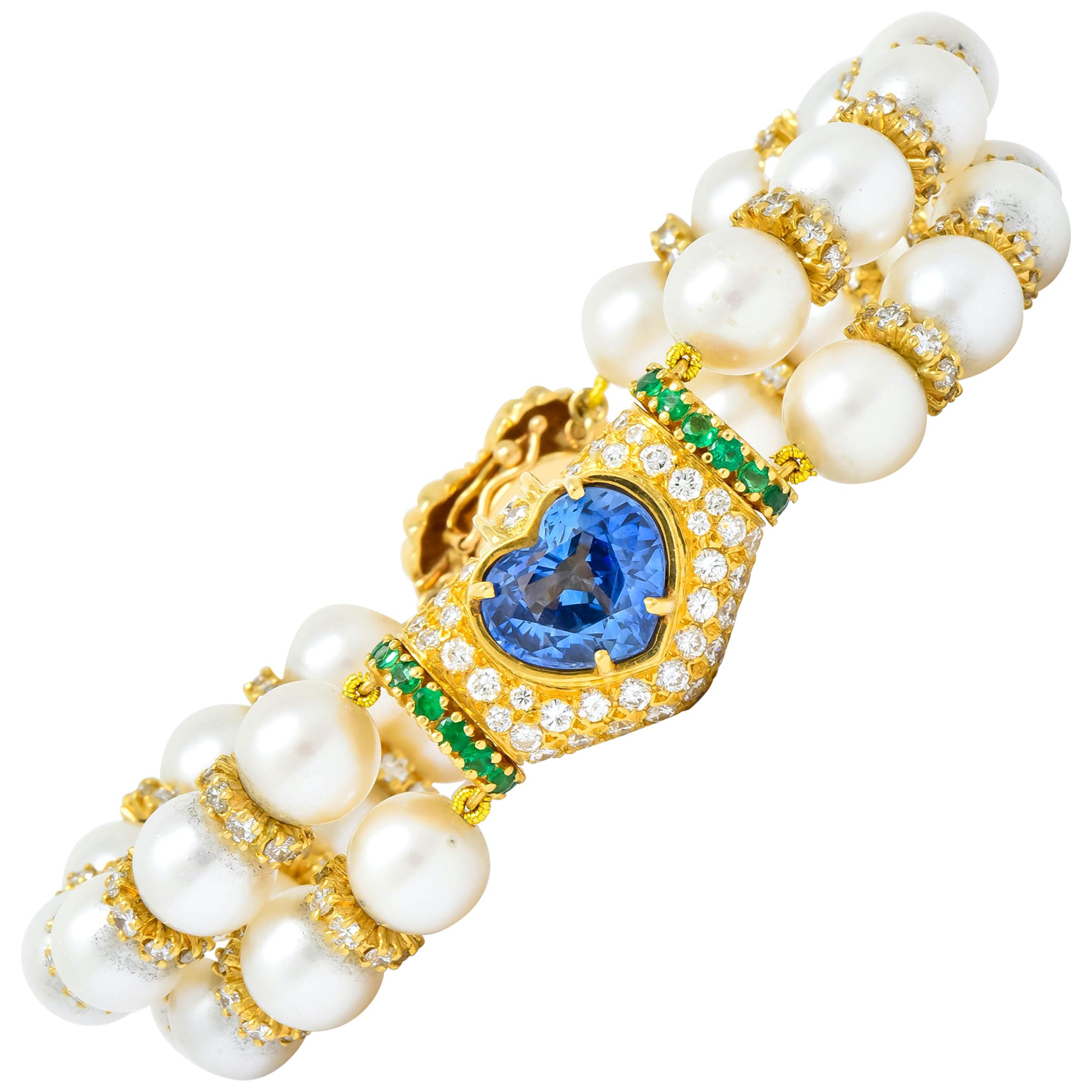 Vintage Sapphire Emerald Diamond Pearl 18 Karat Gold Heart Bracelet