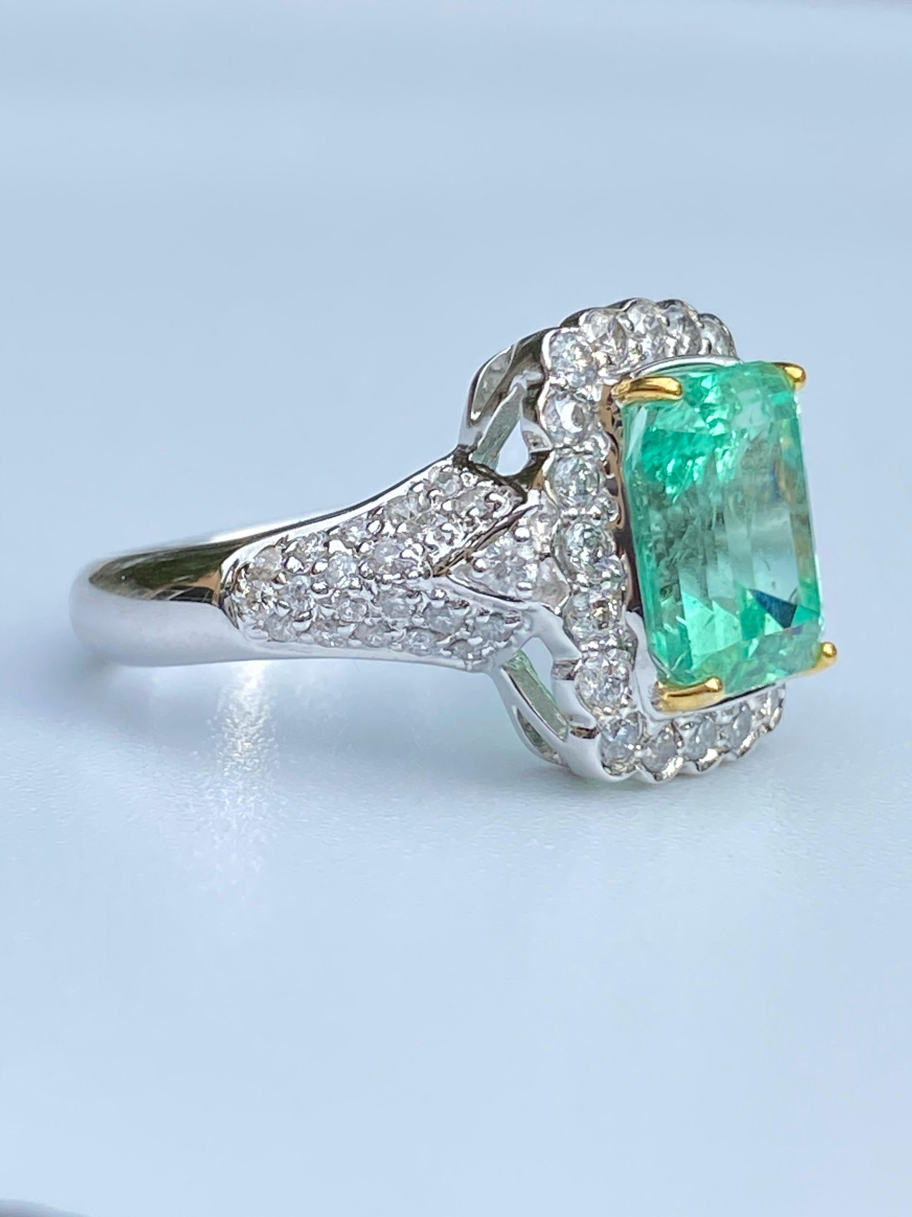 Emerald Cut 3.58 Carat Emerald-Cut Colombian Emerald, Diamond and 18 Karat White Gold Ring