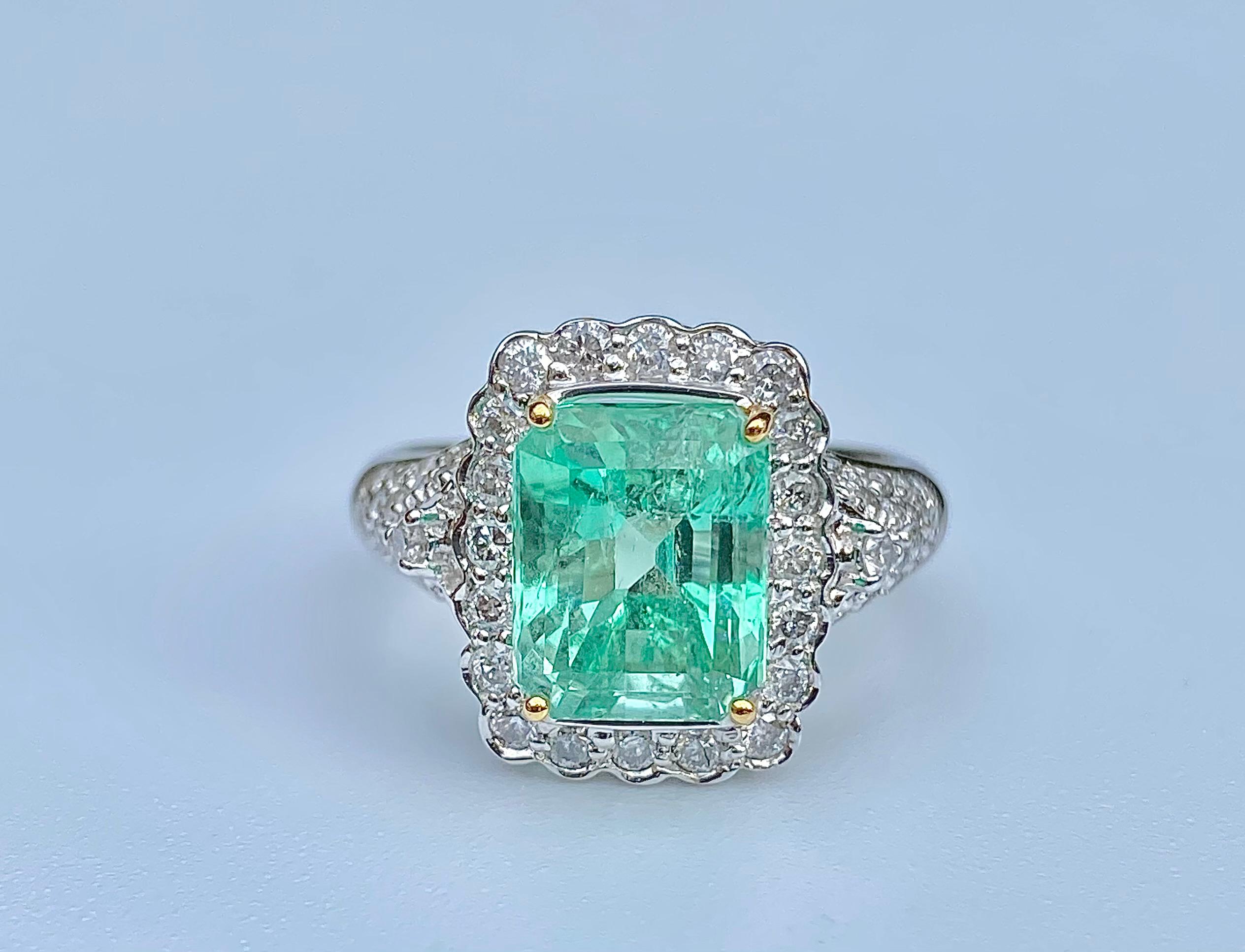 Women's 3.58 Carat Emerald-Cut Colombian Emerald, Diamond and 18 Karat White Gold Ring