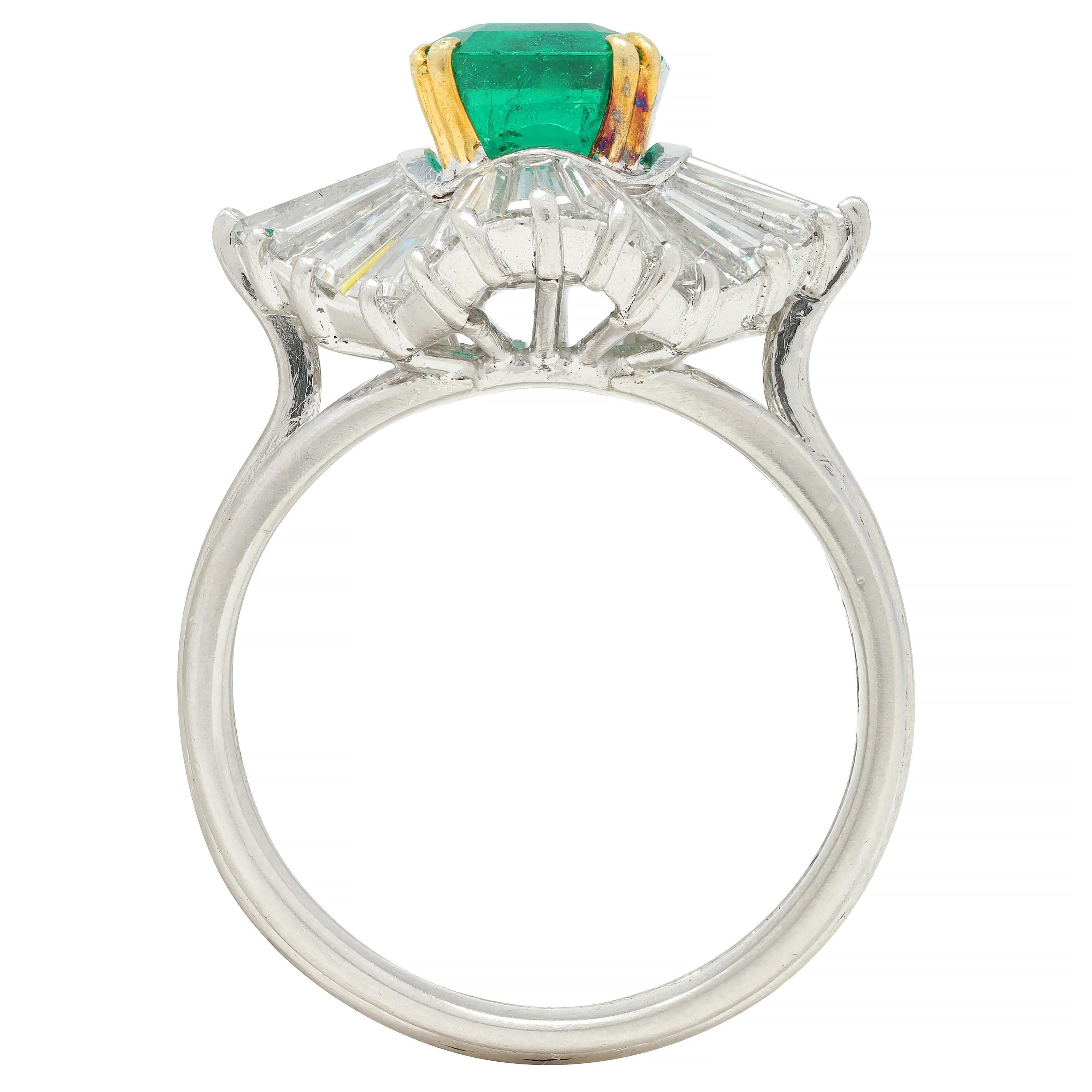Vintage 3.58 CTW Emerald Diamond Platinum 18 Karat Gold Ballerina Halo Ring For Sale 4