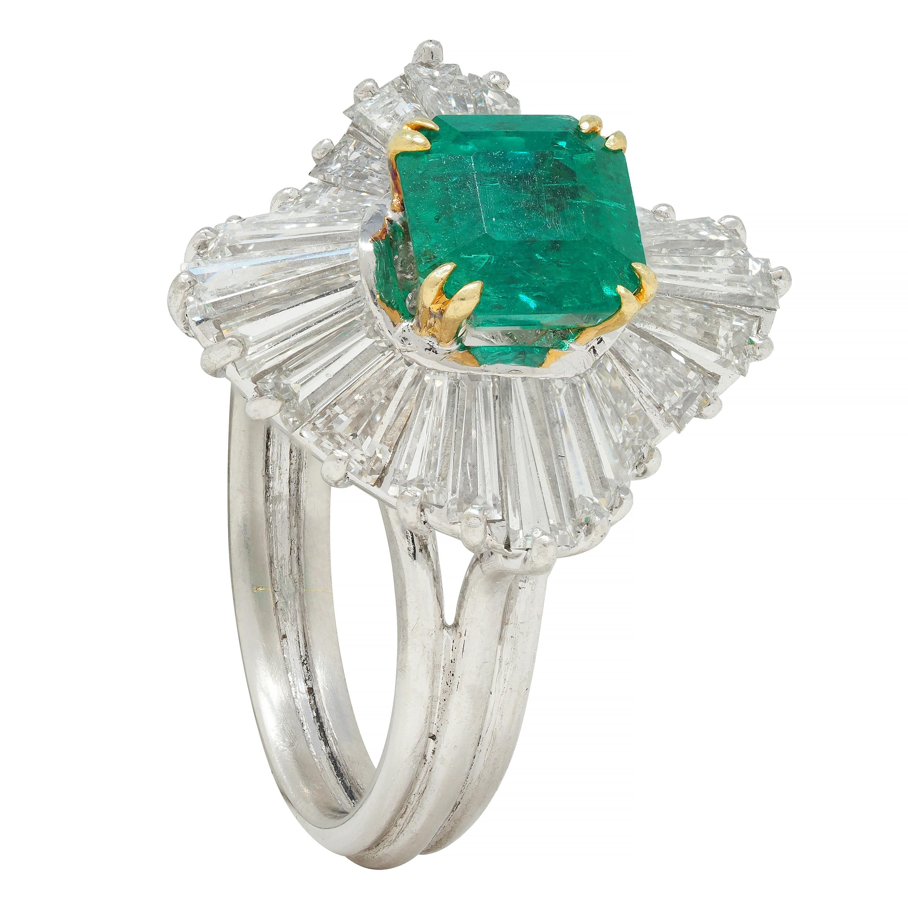 Vintage 3.58 CTW Emerald Diamond Platinum 18 Karat Gold Ballerina Halo Ring For Sale 5