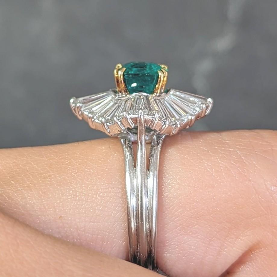 Vintage 3.58 CTW Emerald Diamond Platinum 18 Karat Gold Ballerina Halo Ring For Sale 7