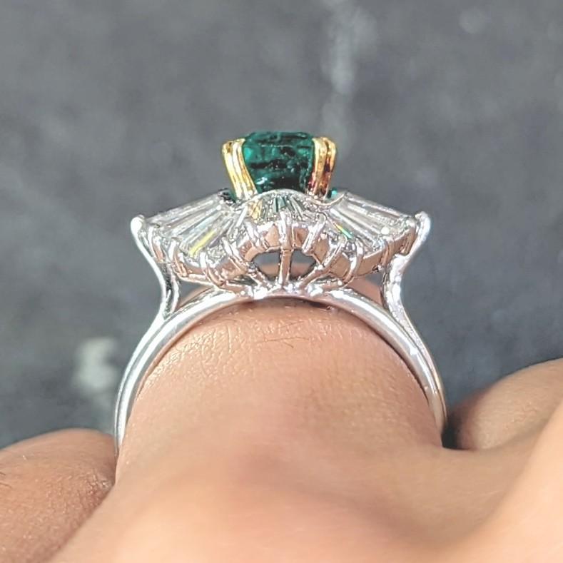 Vintage 3.58 CTW Emerald Diamond Platinum 18 Karat Gold Ballerina Halo Ring For Sale 8