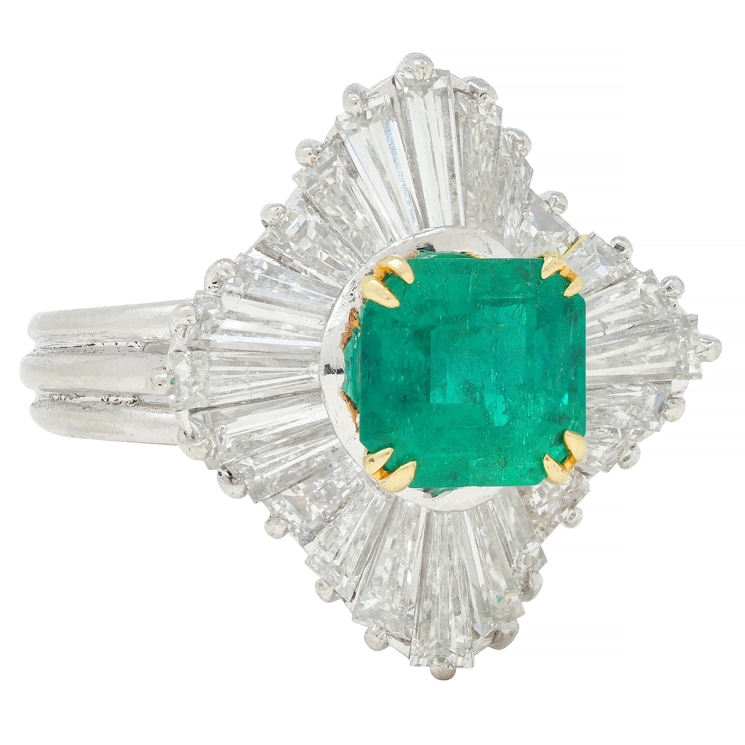 Modern Vintage 3.58 CTW Emerald Diamond Platinum 18 Karat Gold Ballerina Halo Ring For Sale