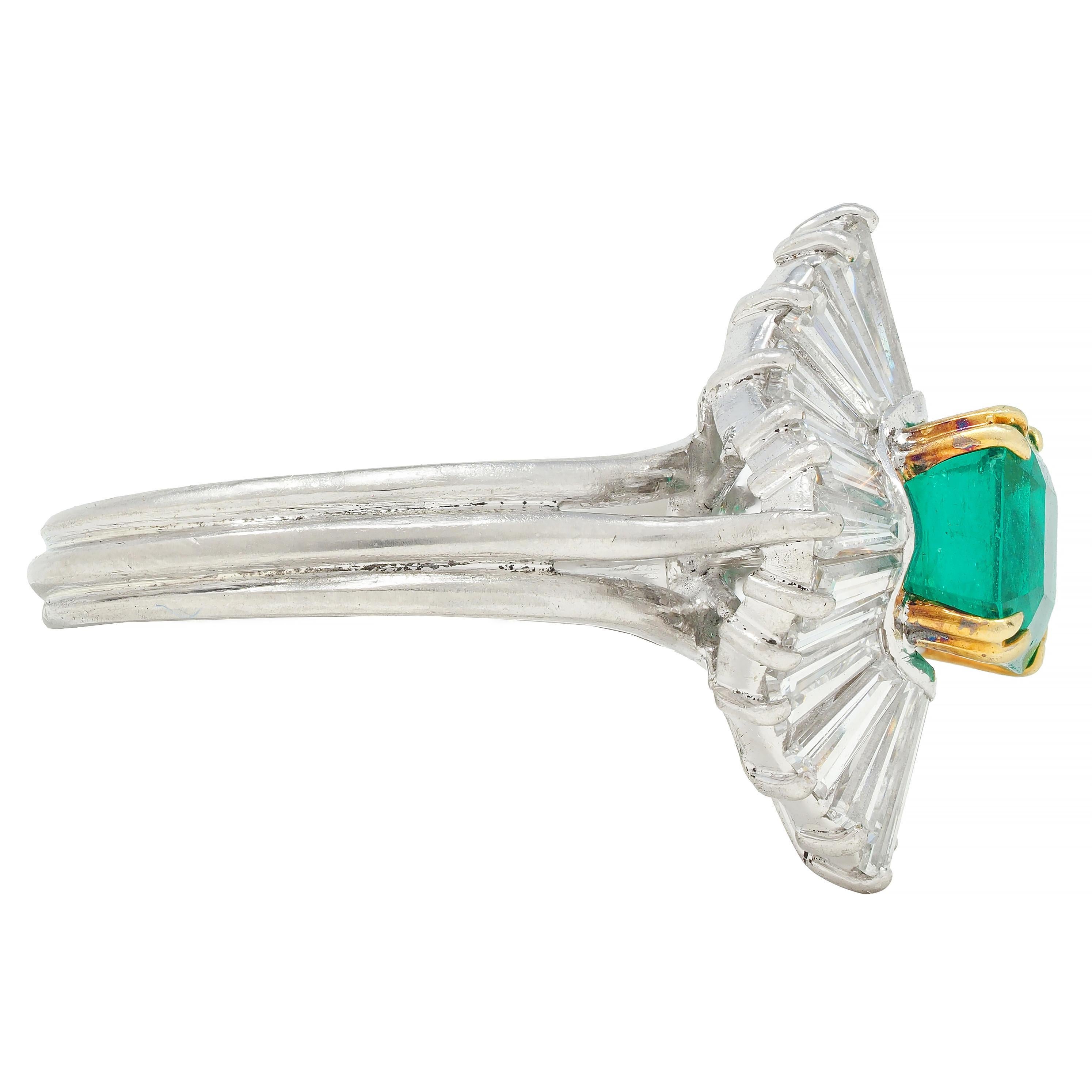 Emerald Cut Vintage 3.58 CTW Emerald Diamond Platinum 18 Karat Gold Ballerina Halo Ring For Sale