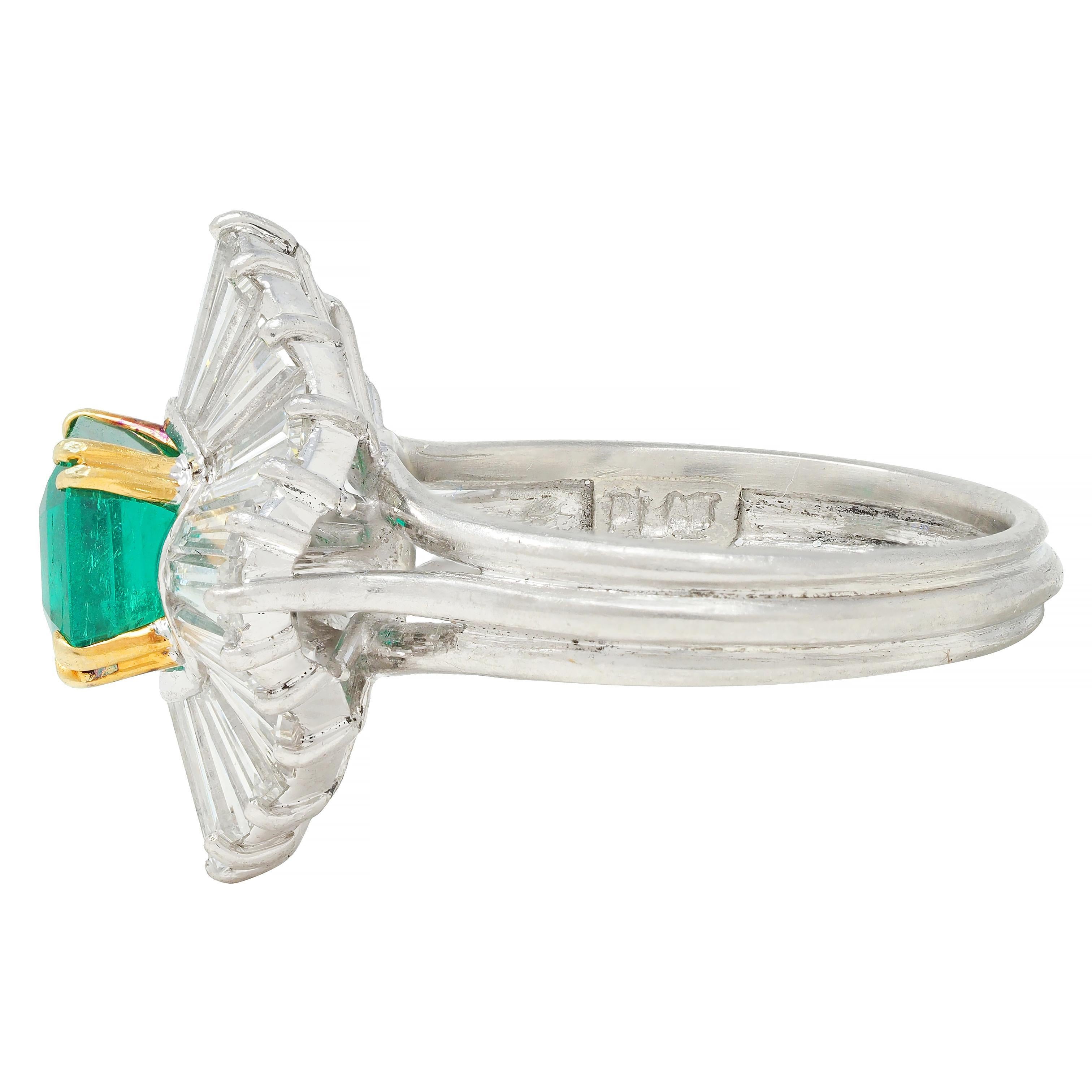 Women's or Men's Vintage 3.58 CTW Emerald Diamond Platinum 18 Karat Gold Ballerina Halo Ring For Sale