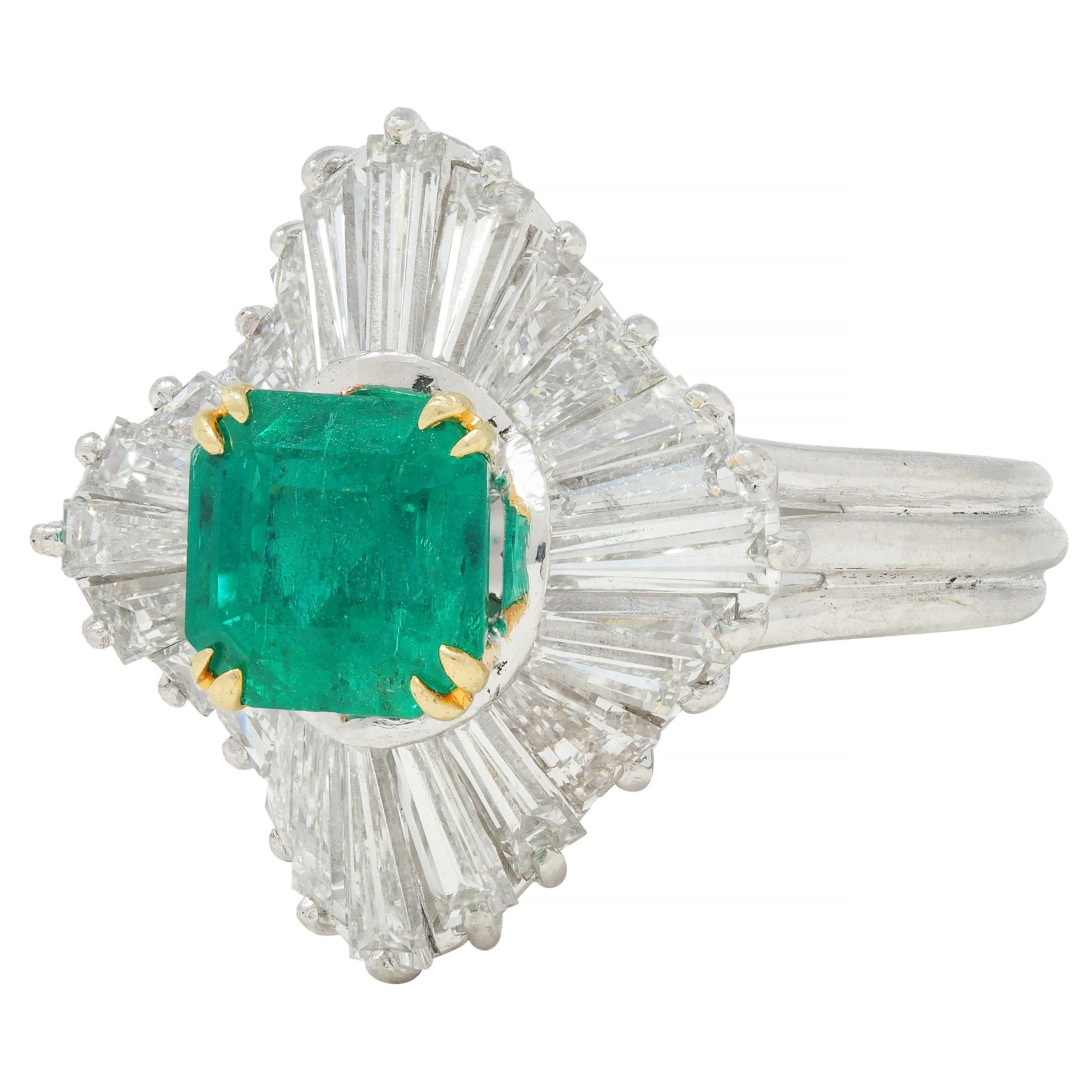 Vintage 3.58 CTW Emerald Diamond Platinum 18 Karat Gold Ballerina Halo Ring For Sale 1