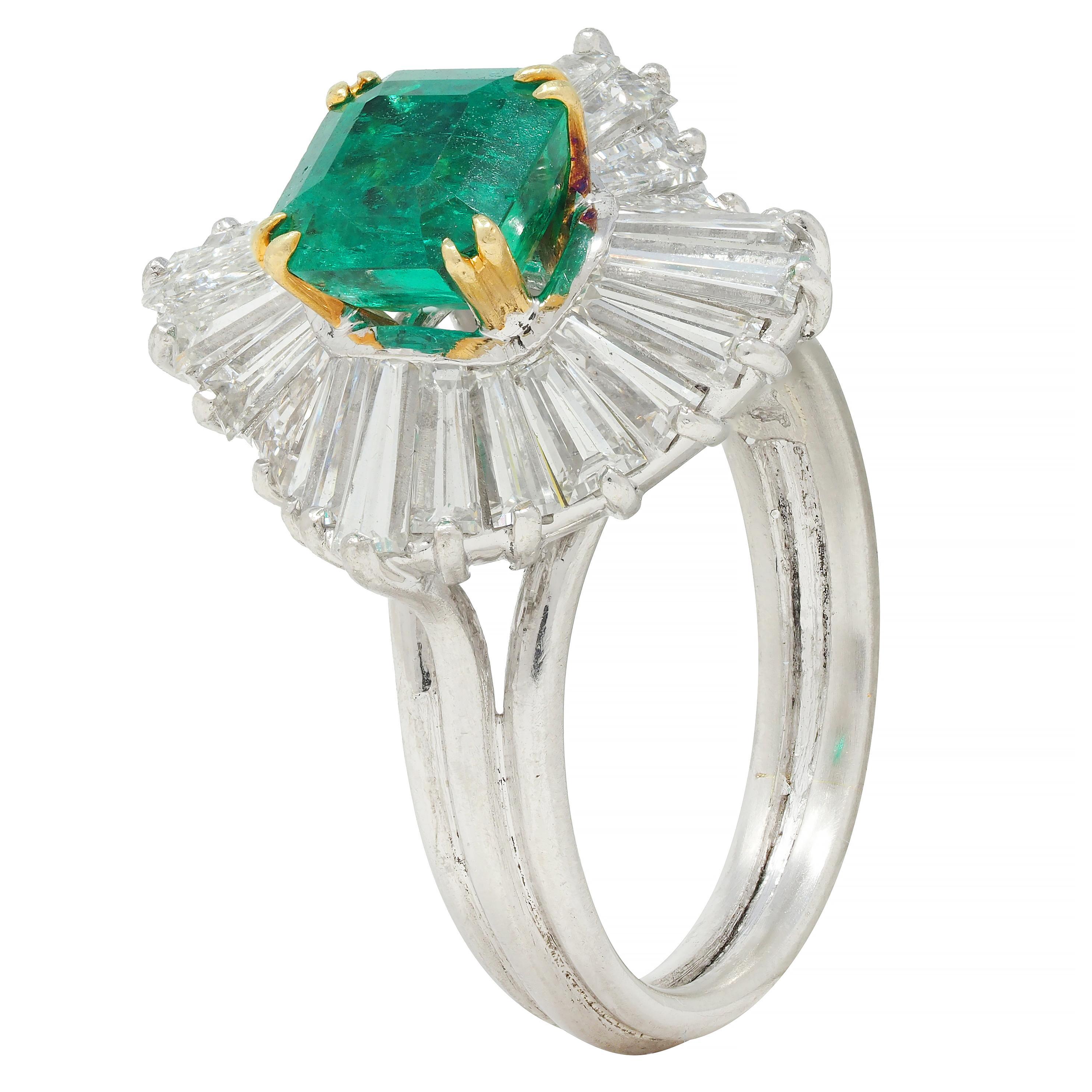 Vintage 3.58 CTW Emerald Diamond Platinum 18 Karat Gold Ballerina Halo Ring For Sale 3