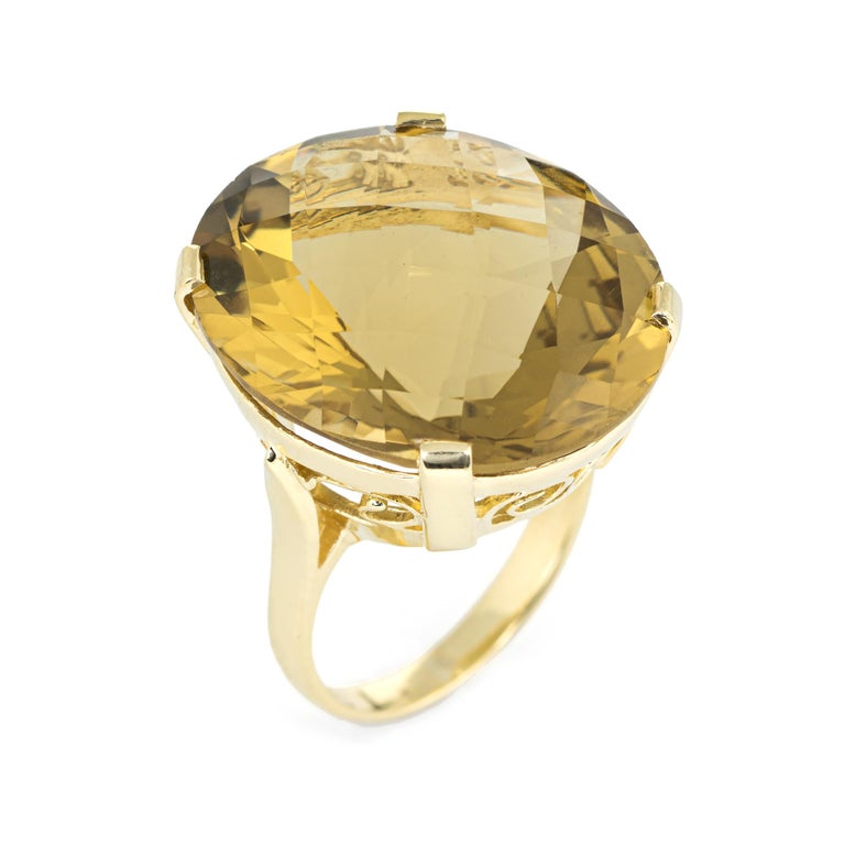 Vintage 35 Carat Lemon Quartz Large Cocktail Ring 18 Karat Gold Estate