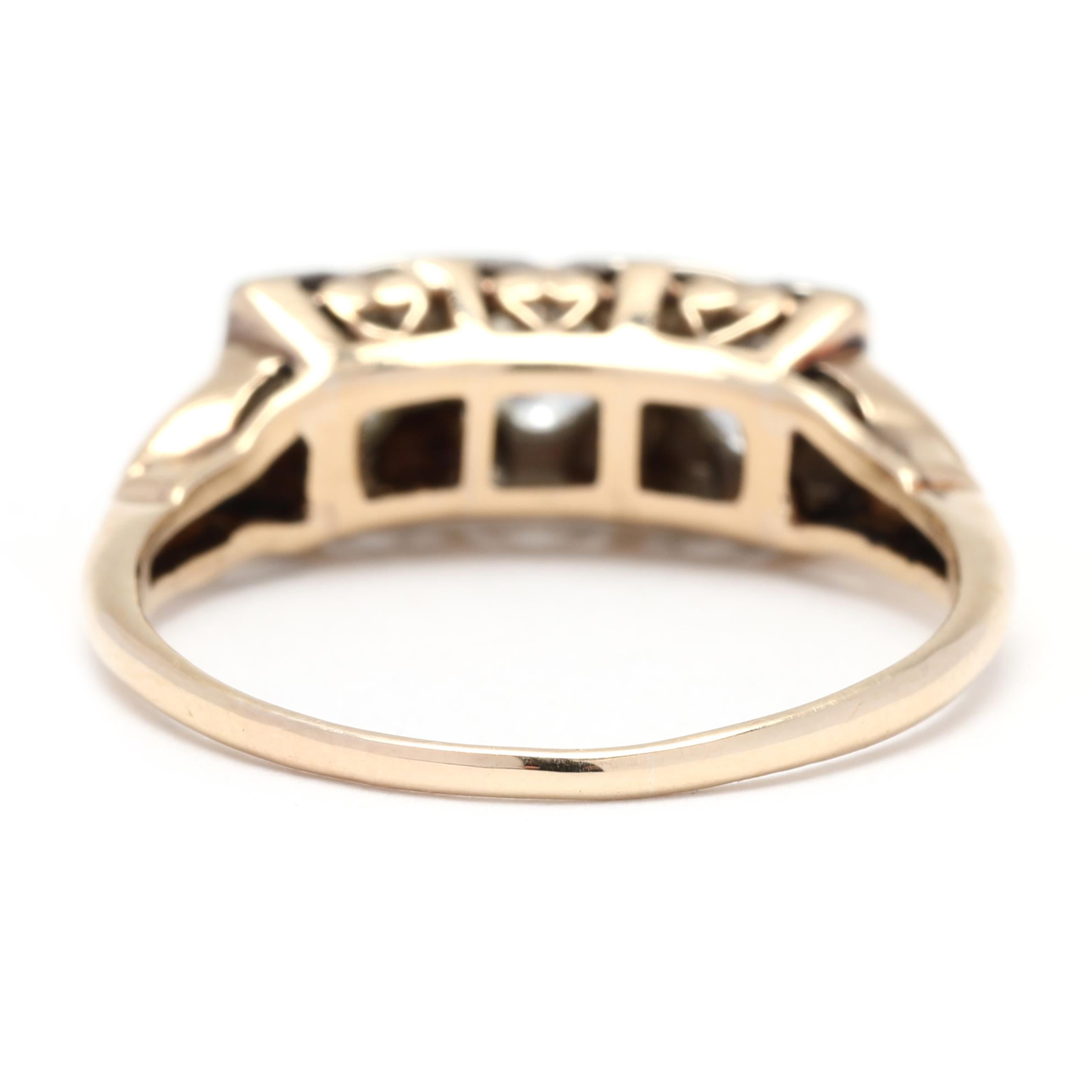 Anillo vintage de tres piedras con diamantes de 0,35 quilates, oro amarillo de 14 quilates Corte redondo