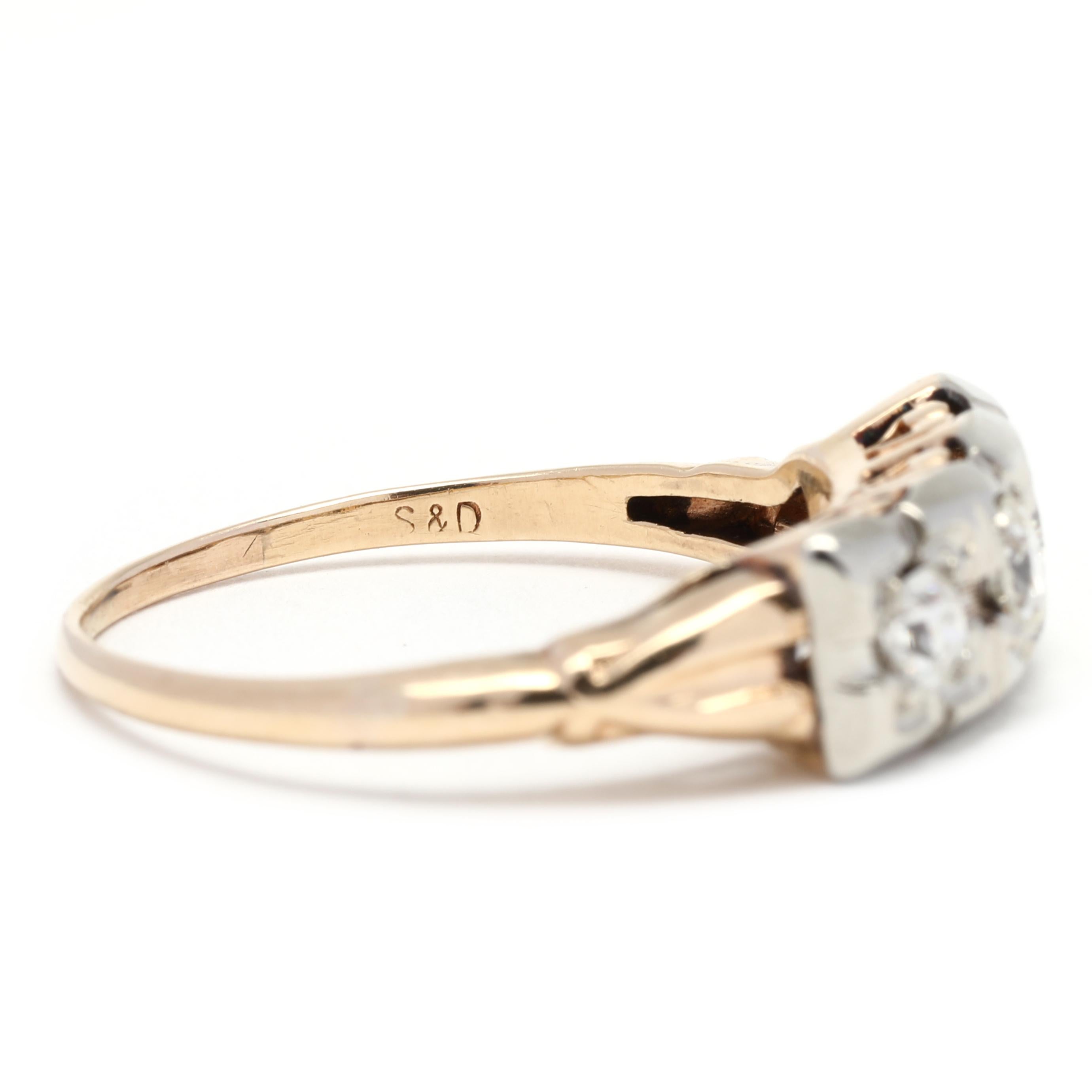 Femenino o masculino Anillo vintage de tres piedras con diamantes de 0,35 quilates, oro amarillo de 14 quilates