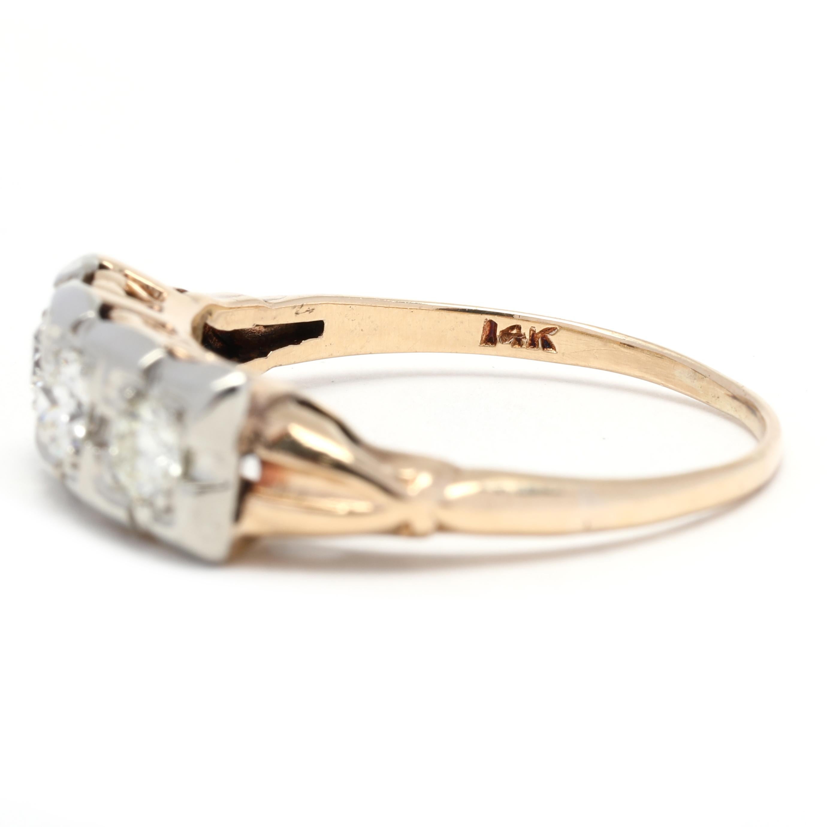 Anillo vintage de tres piedras con diamantes de 0,35 quilates, oro amarillo de 14 quilates 1