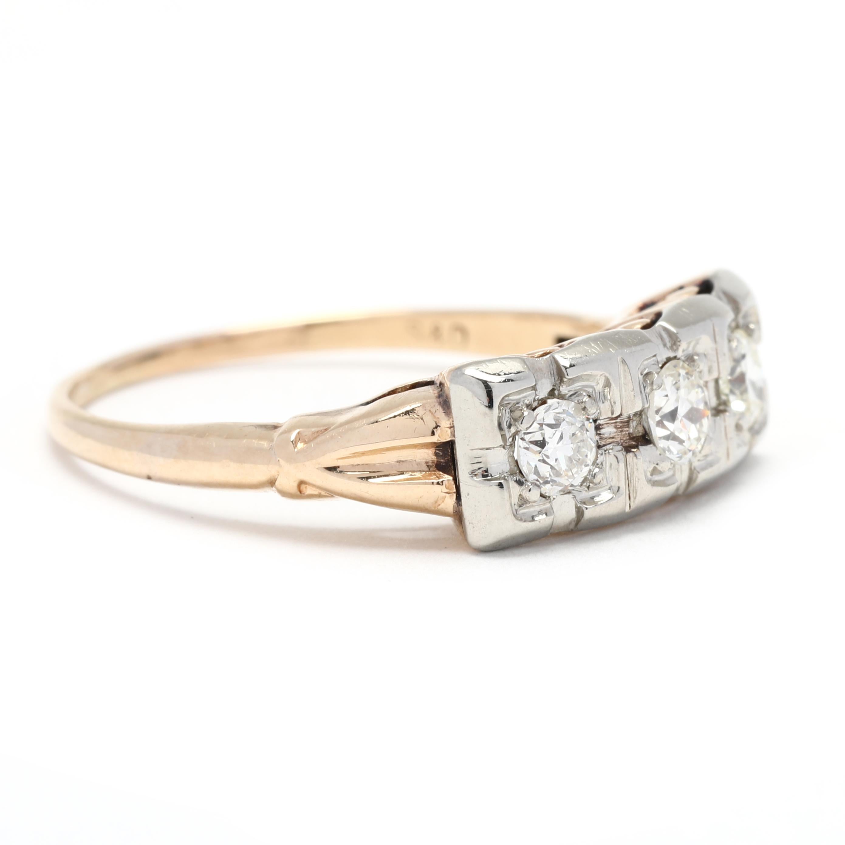 This elegant, vintage three stone engagement ring is a stunning reminder of the past. The ring features three diamonds- two .10ct and one .15ct- set in a feminine 14K yellow gold setting with a subtle split-shank band, the perfect combination of