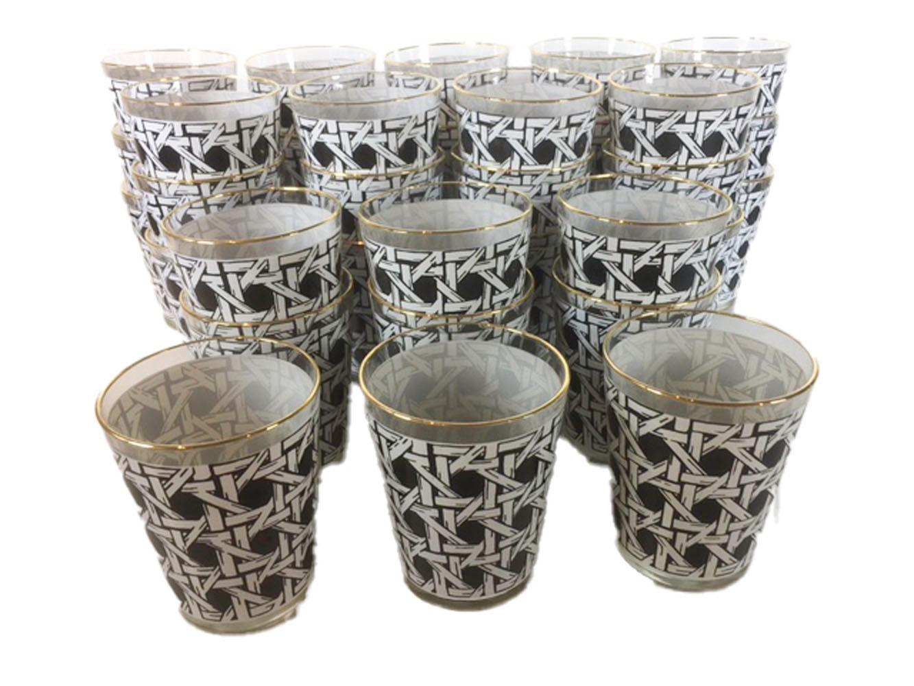 Late 20th Century Vintage, 36 Black and White Cane Pattern Double Old Fashioned Glasses & Ice Bowl For Sale