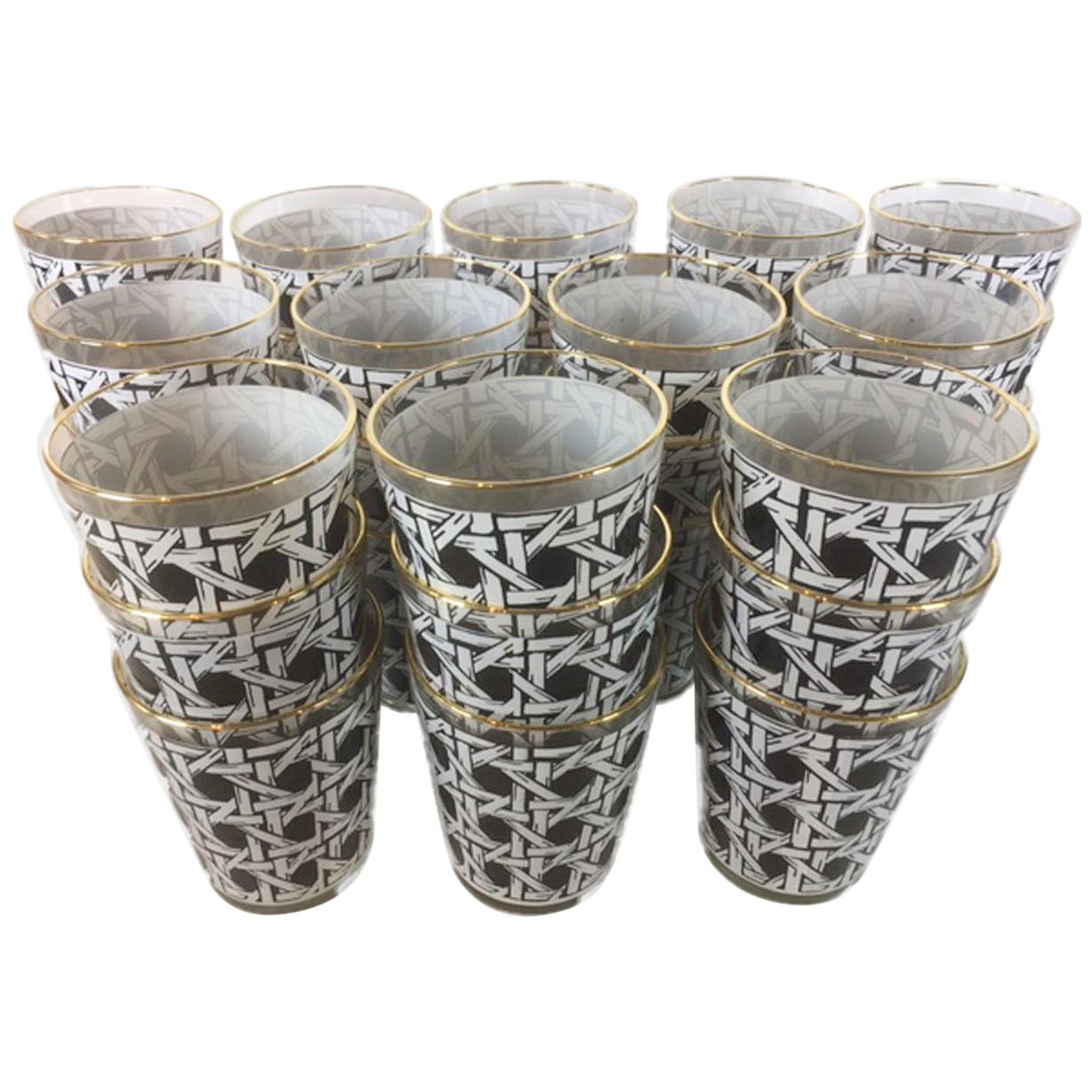 Vintage, 36 Black and White Cane Pattern Double Old Fashioned Glasses & Ice Bowl For Sale