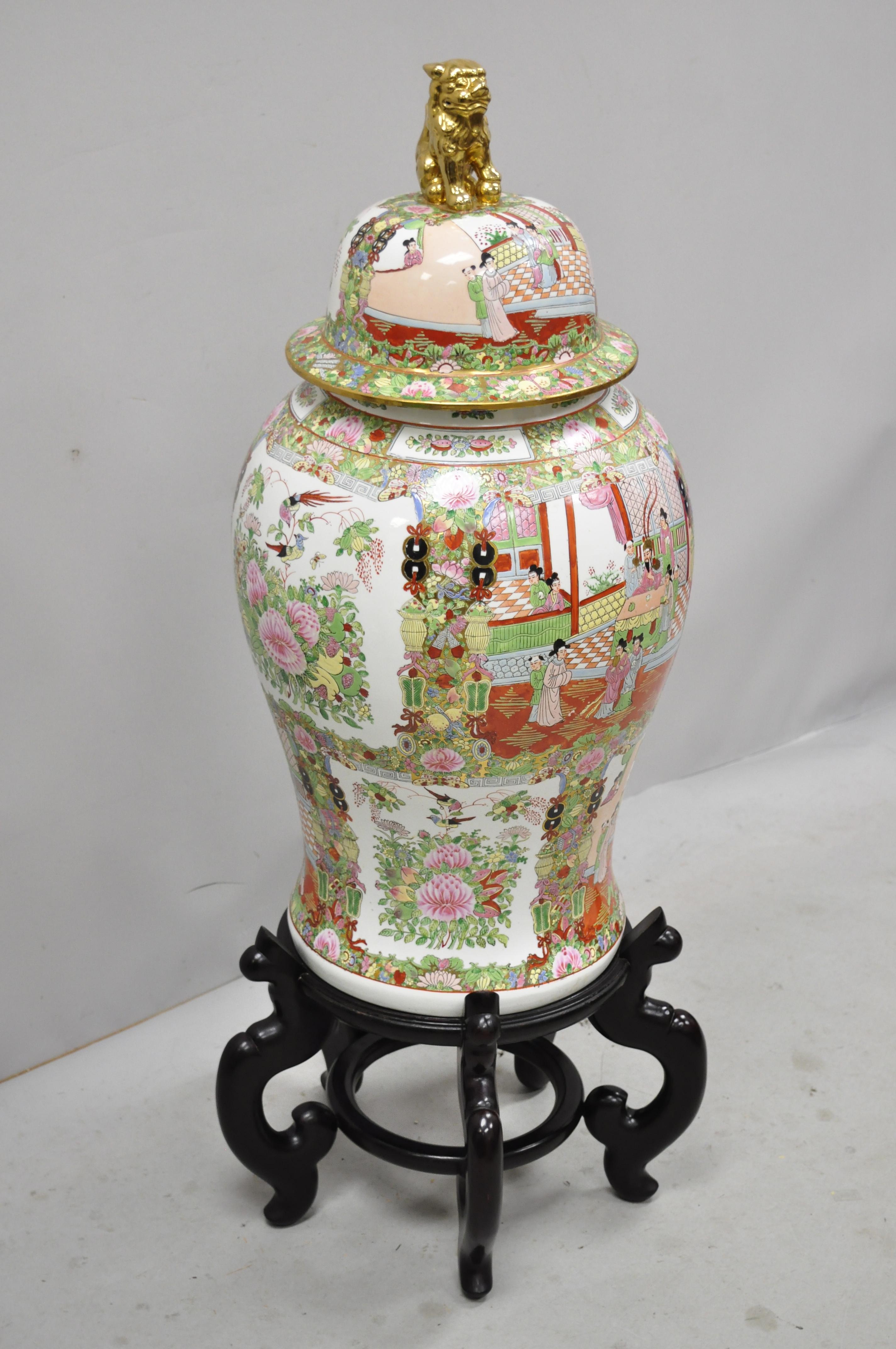 Vintage Chinese Famille Rose Porcelain Urn Lidded Temple Jar Vase on Base For Sale 6