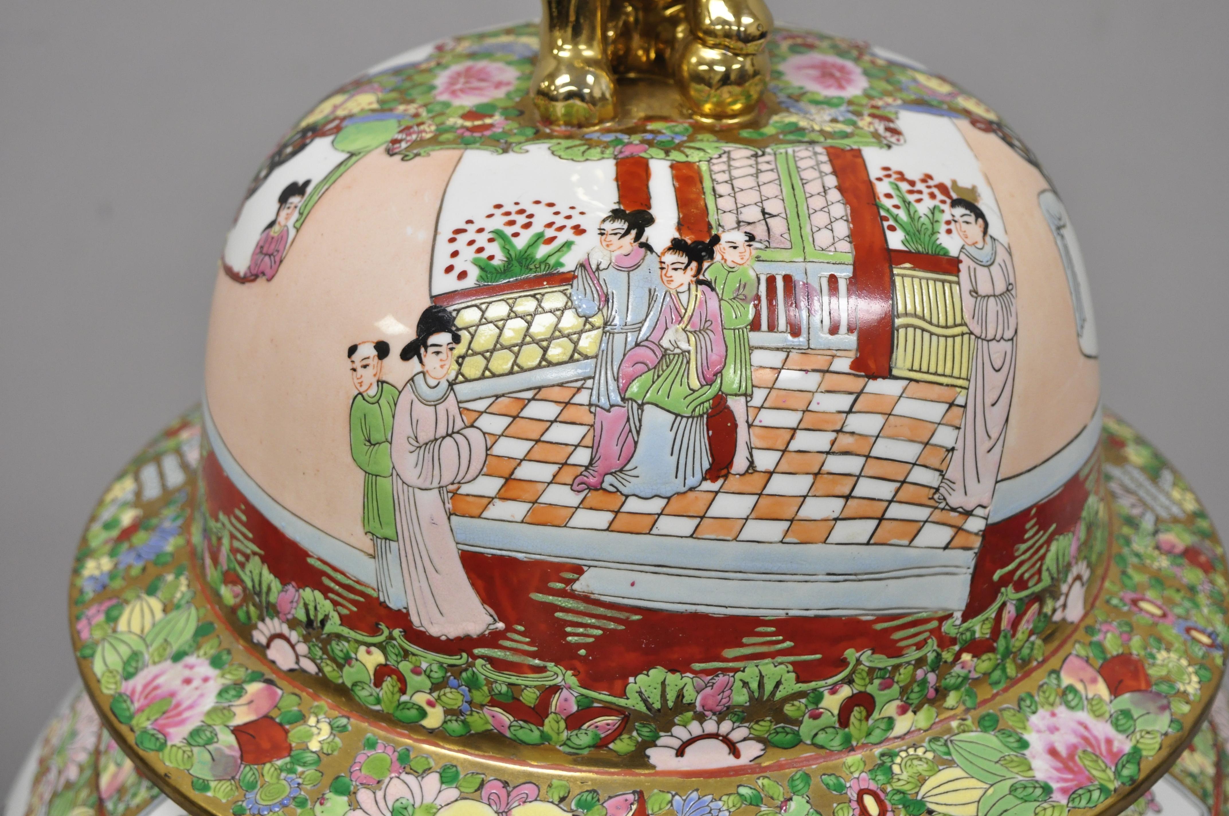 Chinoiserie Vintage Chinese Famille Rose Porcelain Urn Lidded Temple Jar Vase on Base For Sale