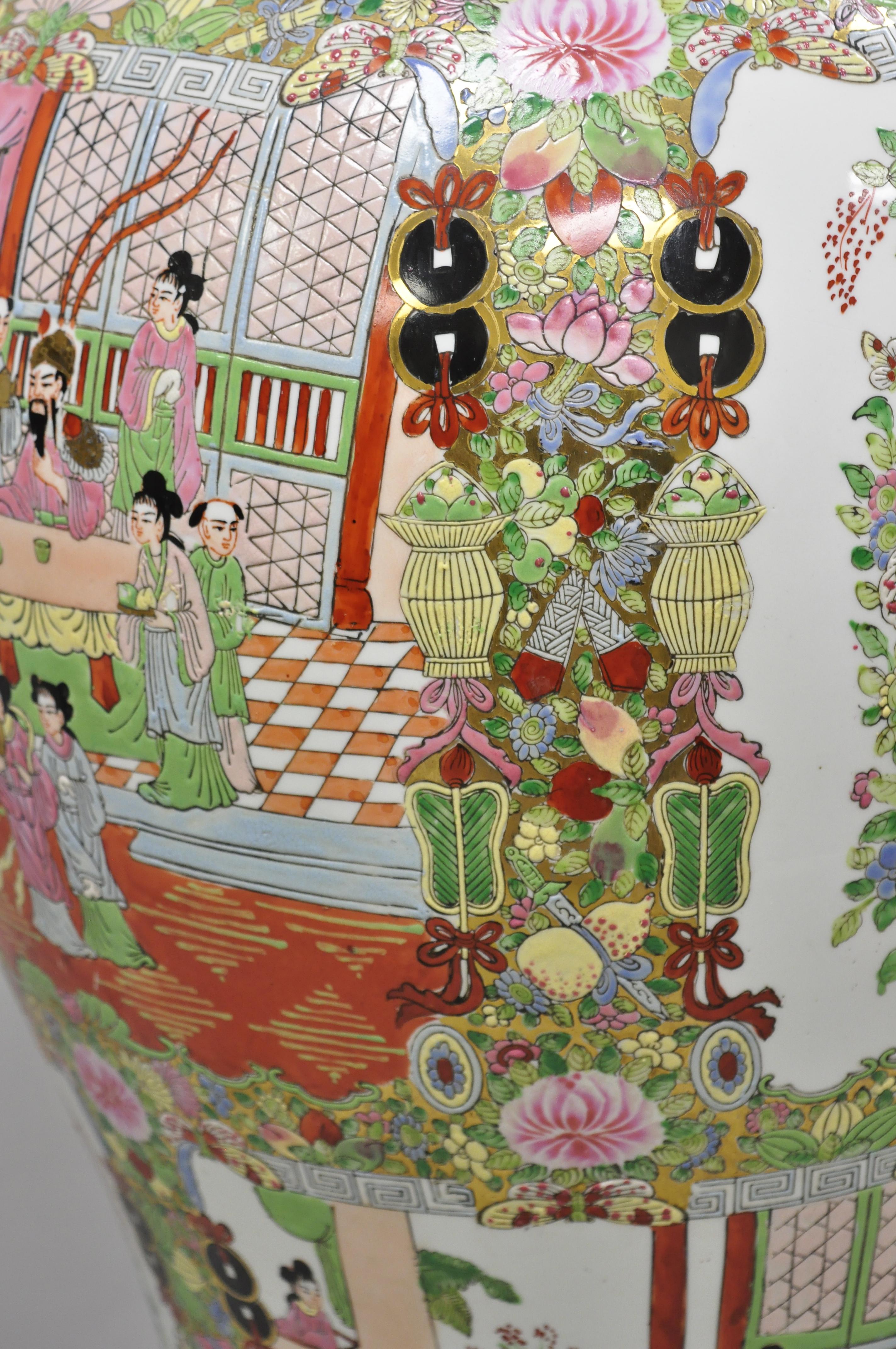 Vintage Chinese Famille Rose Porcelain Urn Lidded Temple Jar Vase on Base For Sale 1
