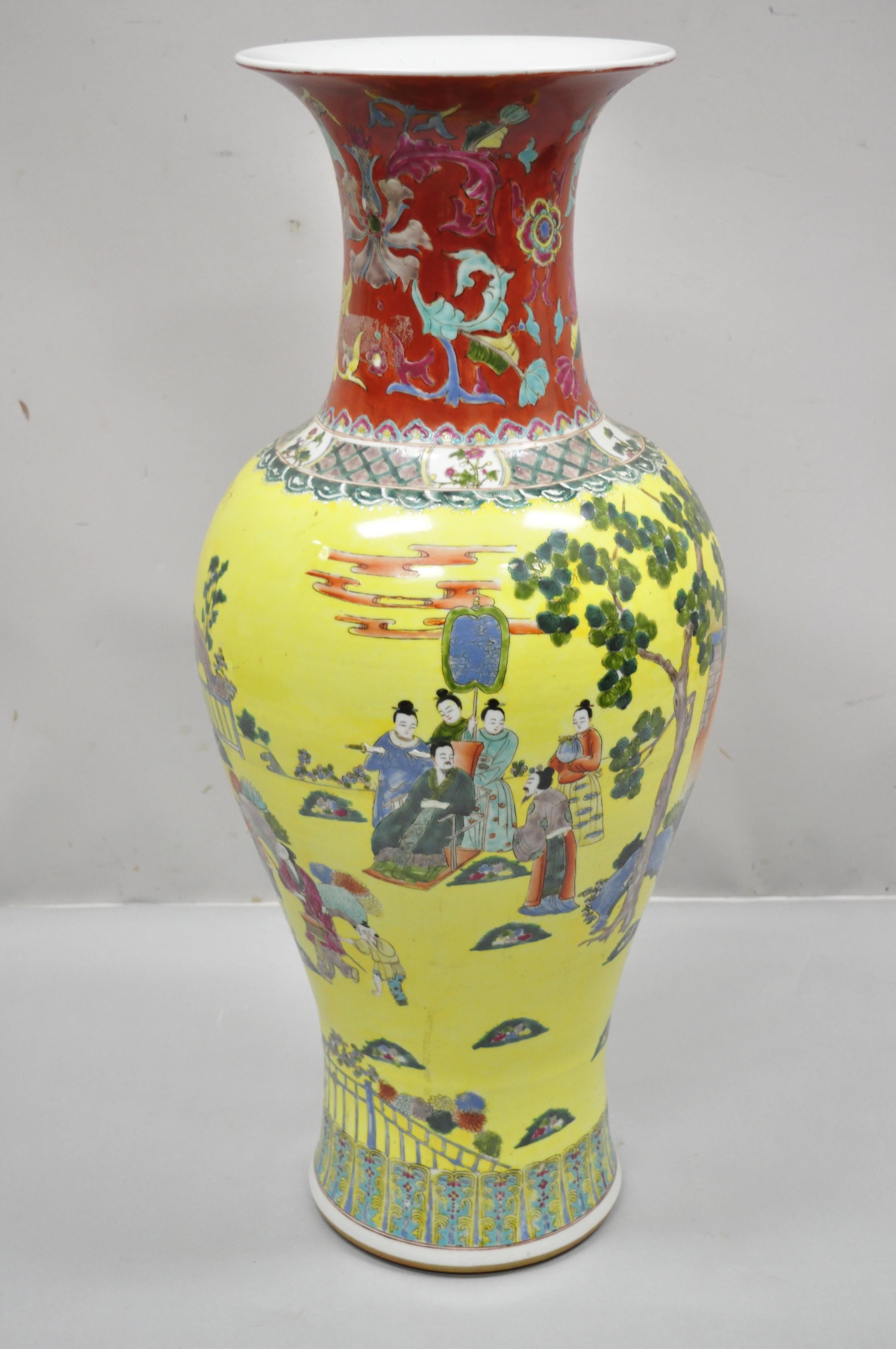 Vintage Chinese Famille Rose Yellow Porcelain Urn Vase Temple Vessel Jar For Sale 6