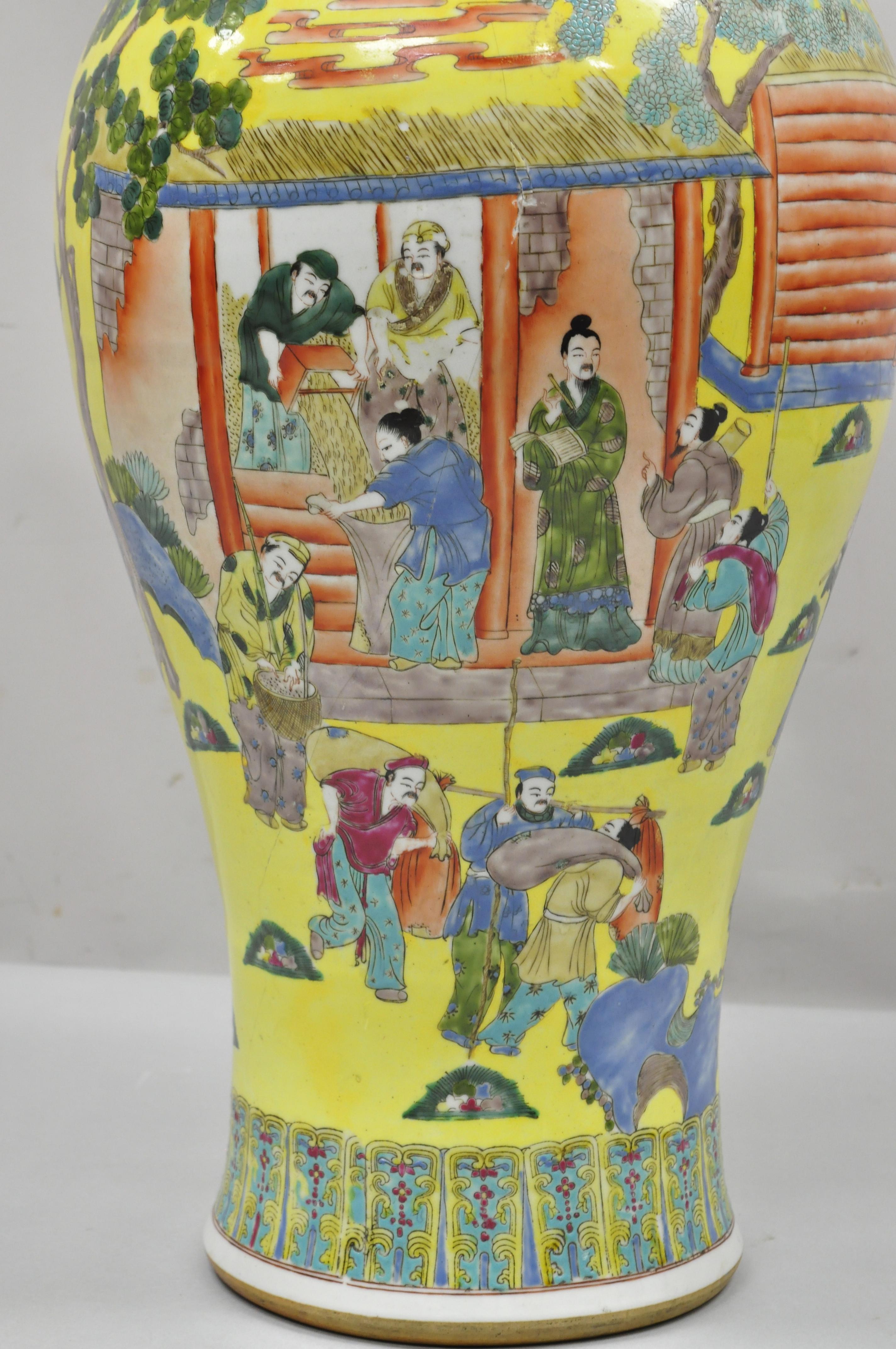 Chinoiserie Vintage Chinese Famille Rose Yellow Porcelain Urn Vase Temple Vessel Jar For Sale